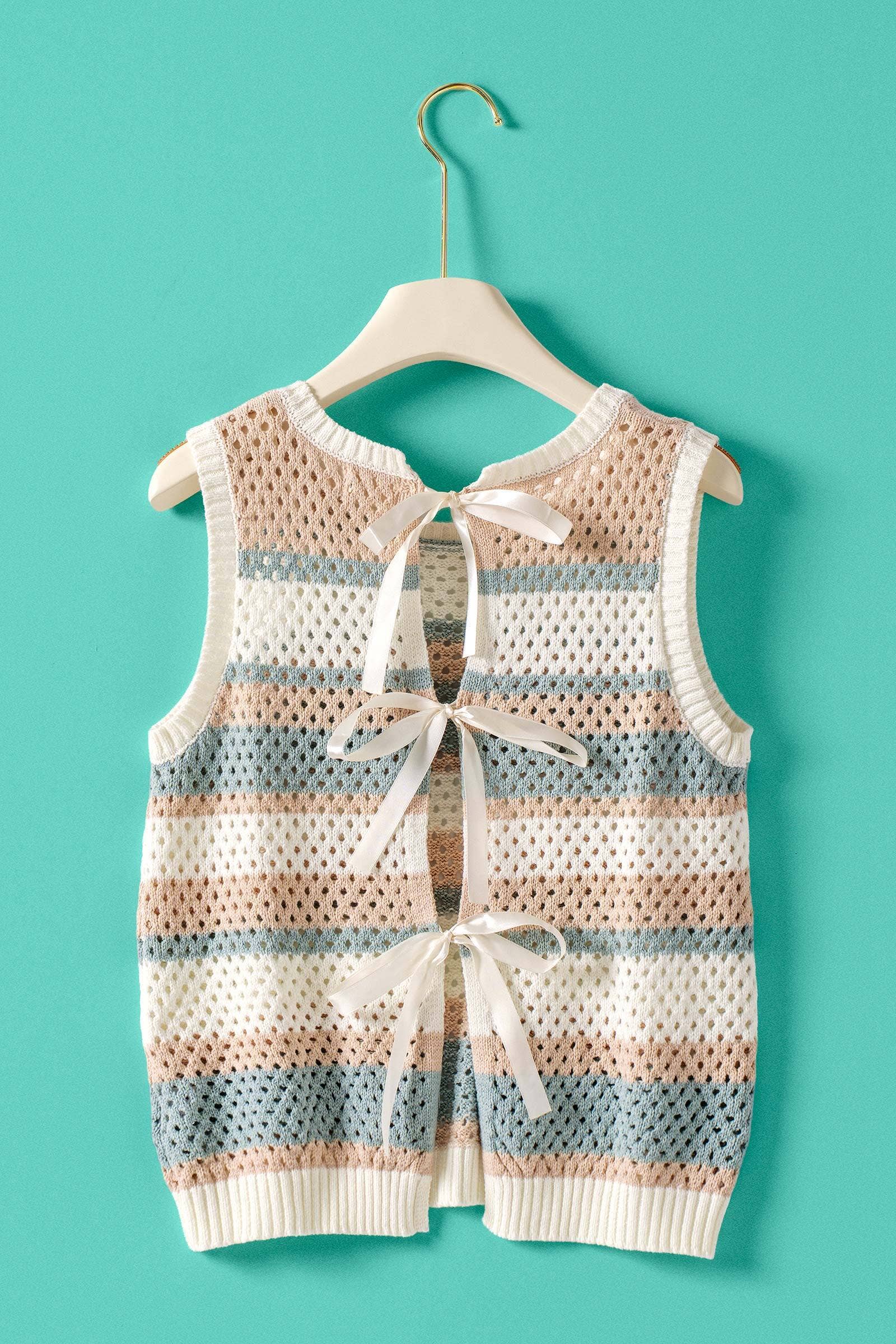 Urban Daizy Striped Crochet Knit Vest Triple Ribbon Tie Pink Sweater Vest - Women's (UDZ-KN-01045) – alternate view 4