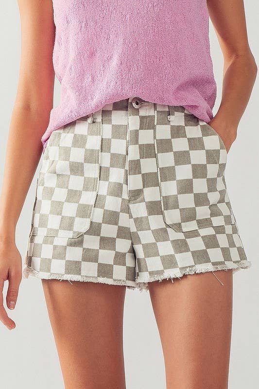 Retro Checkerboard Raw Hem Denim Shorts