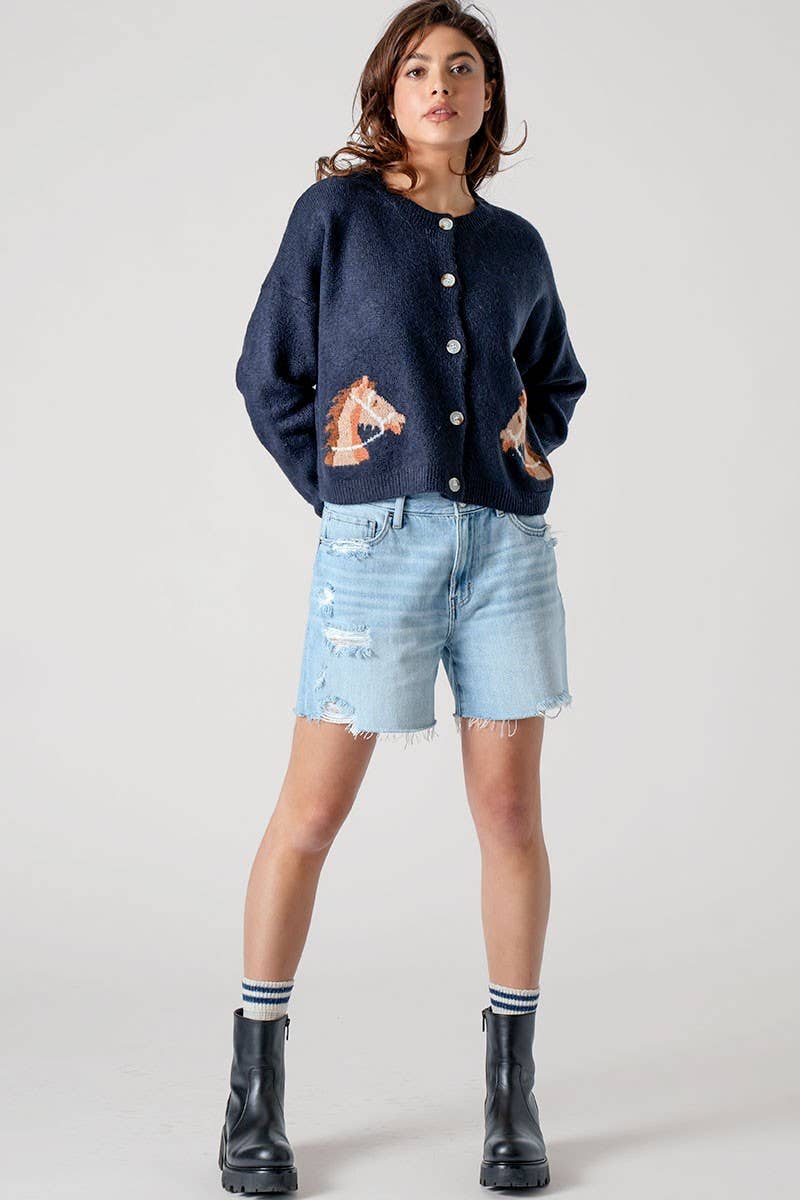 Western Horse Graphic Button Front Cropped Cardigan Sweater