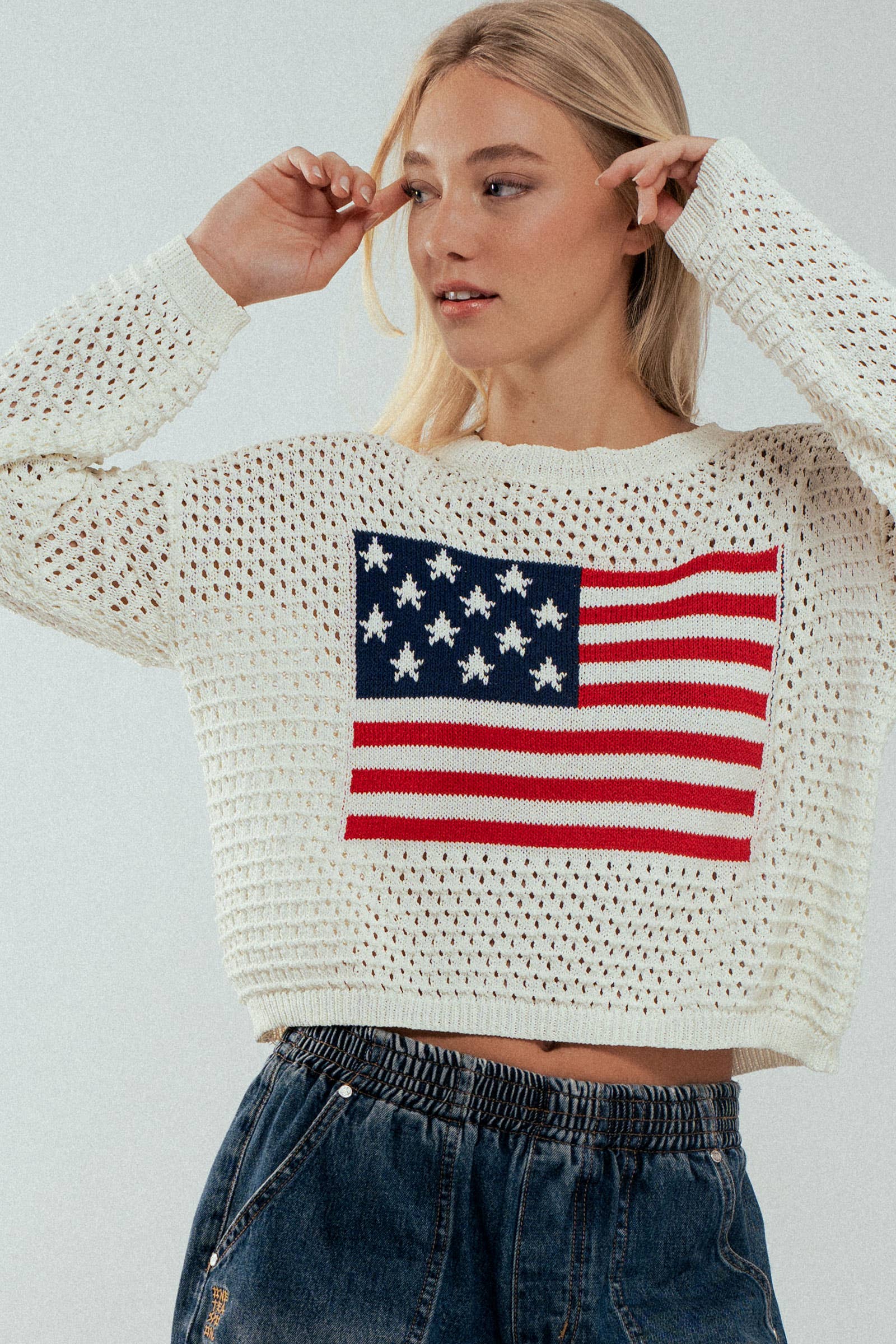 Urban Daizy Old American Flag Crochet Crewneck Sweater Ivory Knit Sweater - Women's (UDZ-KN-00502) – alternate view 2
