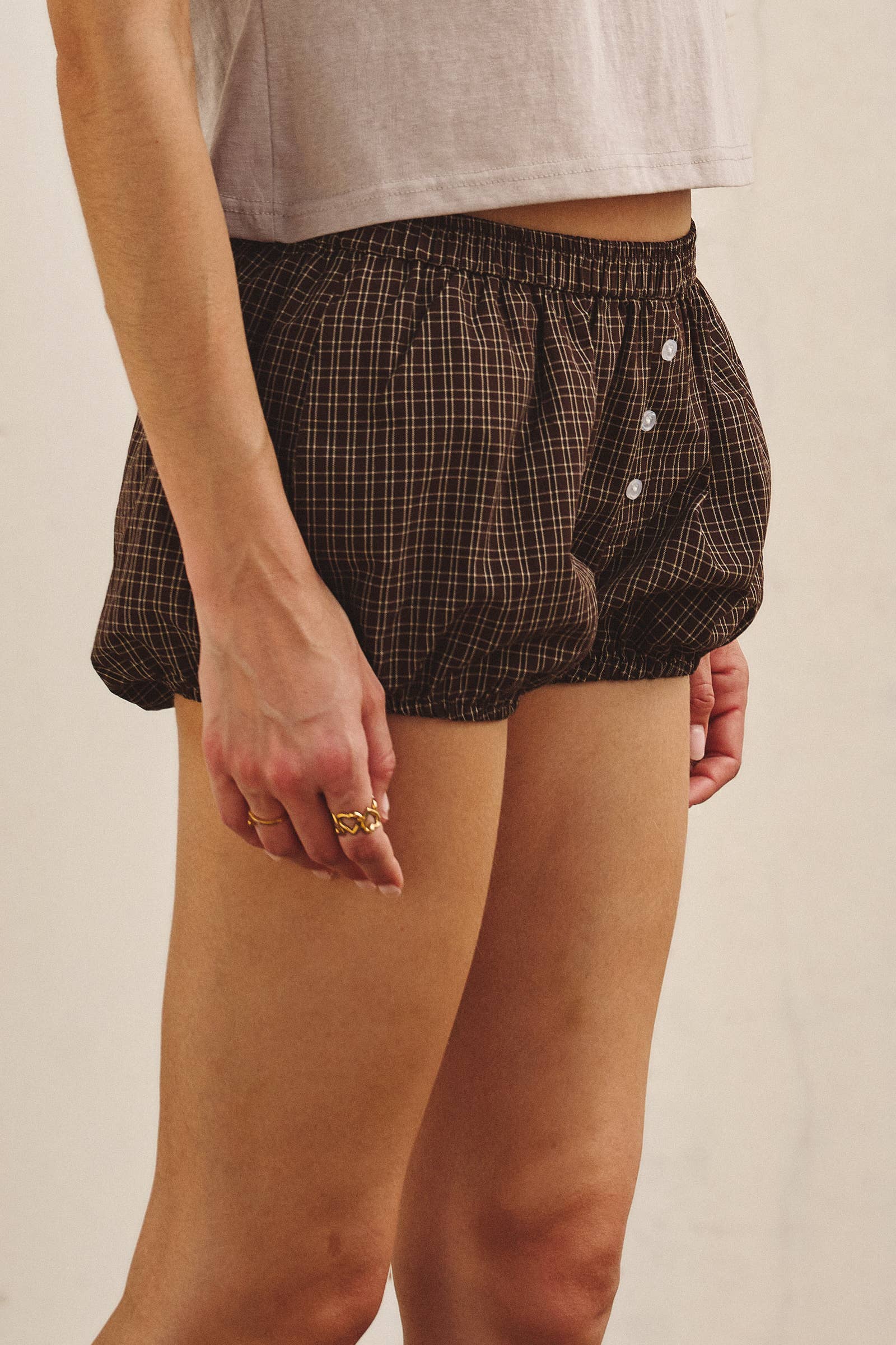 Urban Daizy Retro Plaid Button-Front Bloomer Shorts Brown Shorts - Women's (UDPT0176-Brown) – alternate view 3
