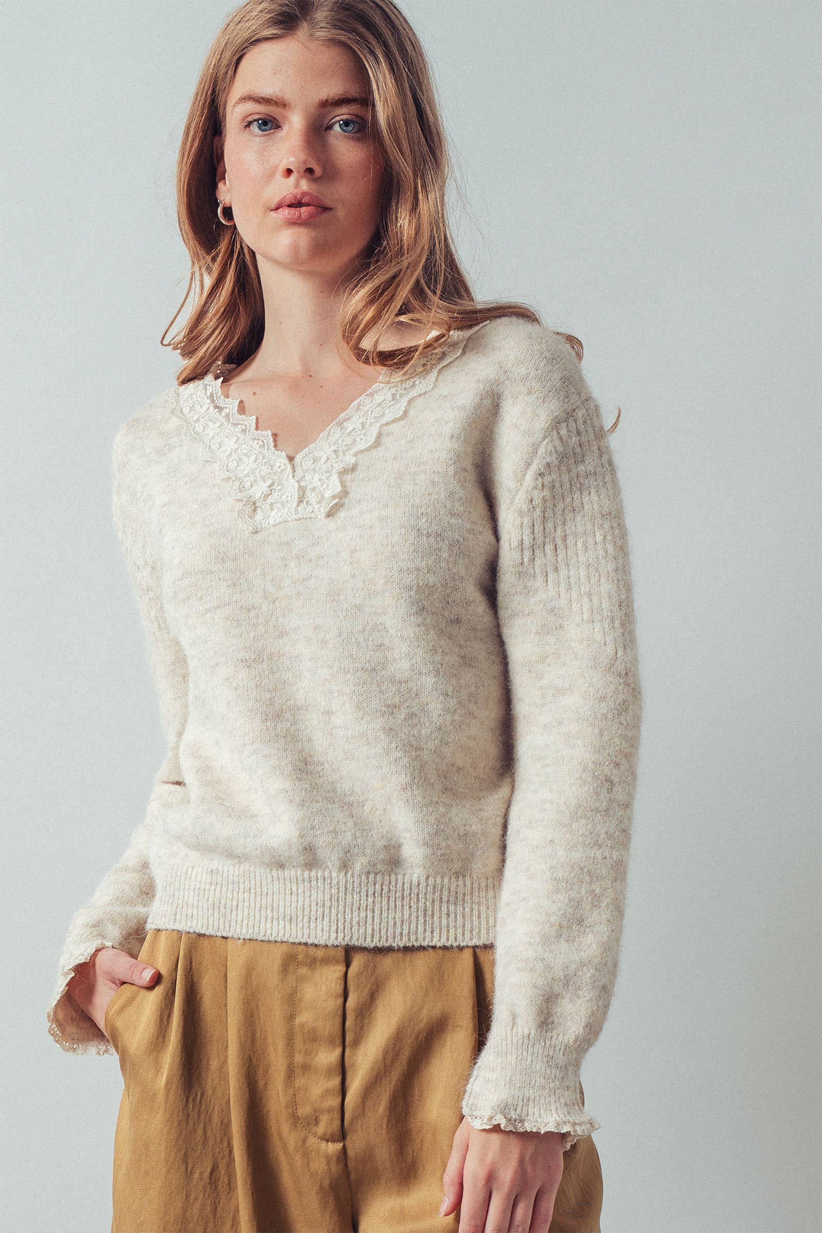 Lace Trim V-Neck Heathered Knit Sweater