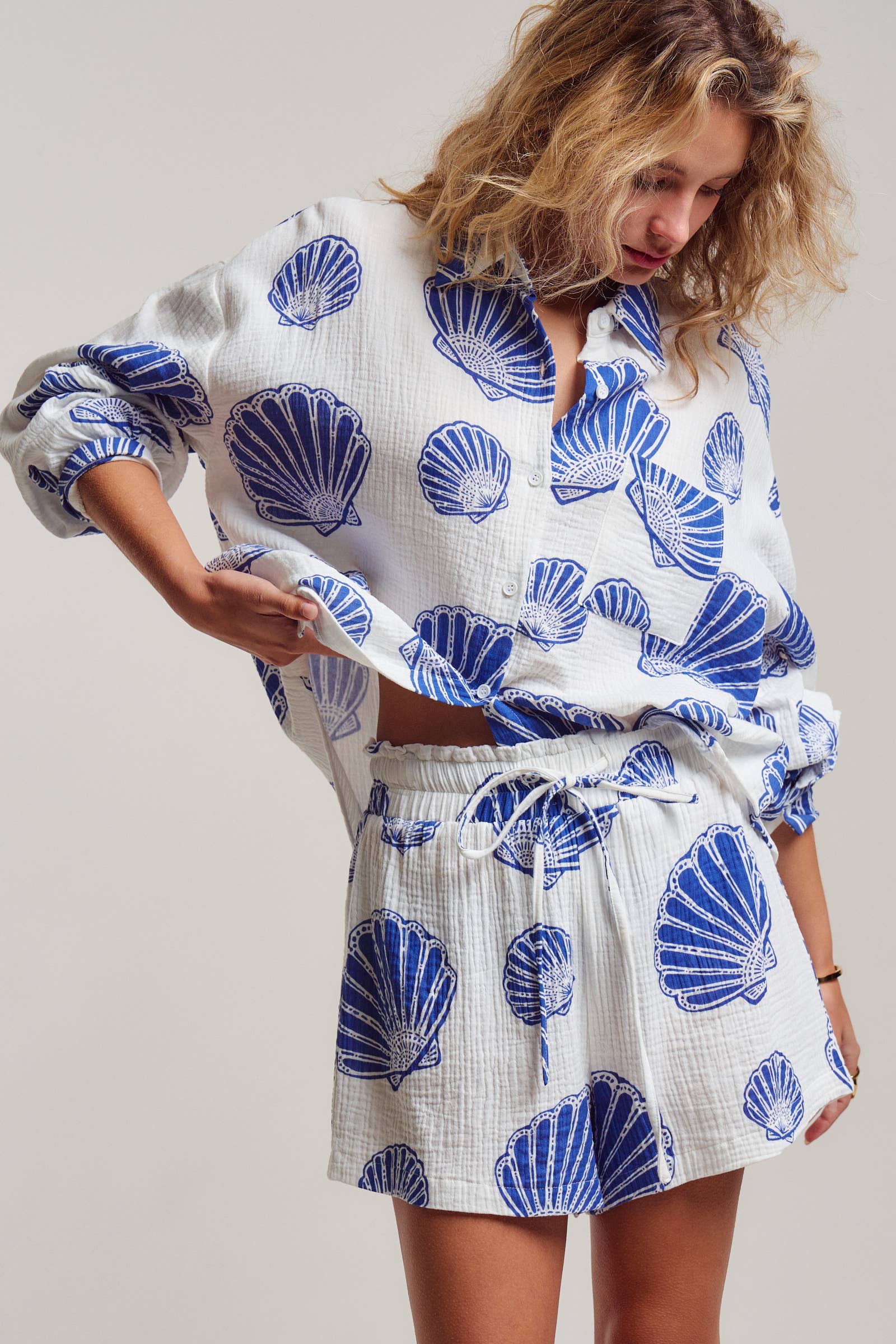 Seaside Blue Shell Cotton Gauze Shirt & Short Set