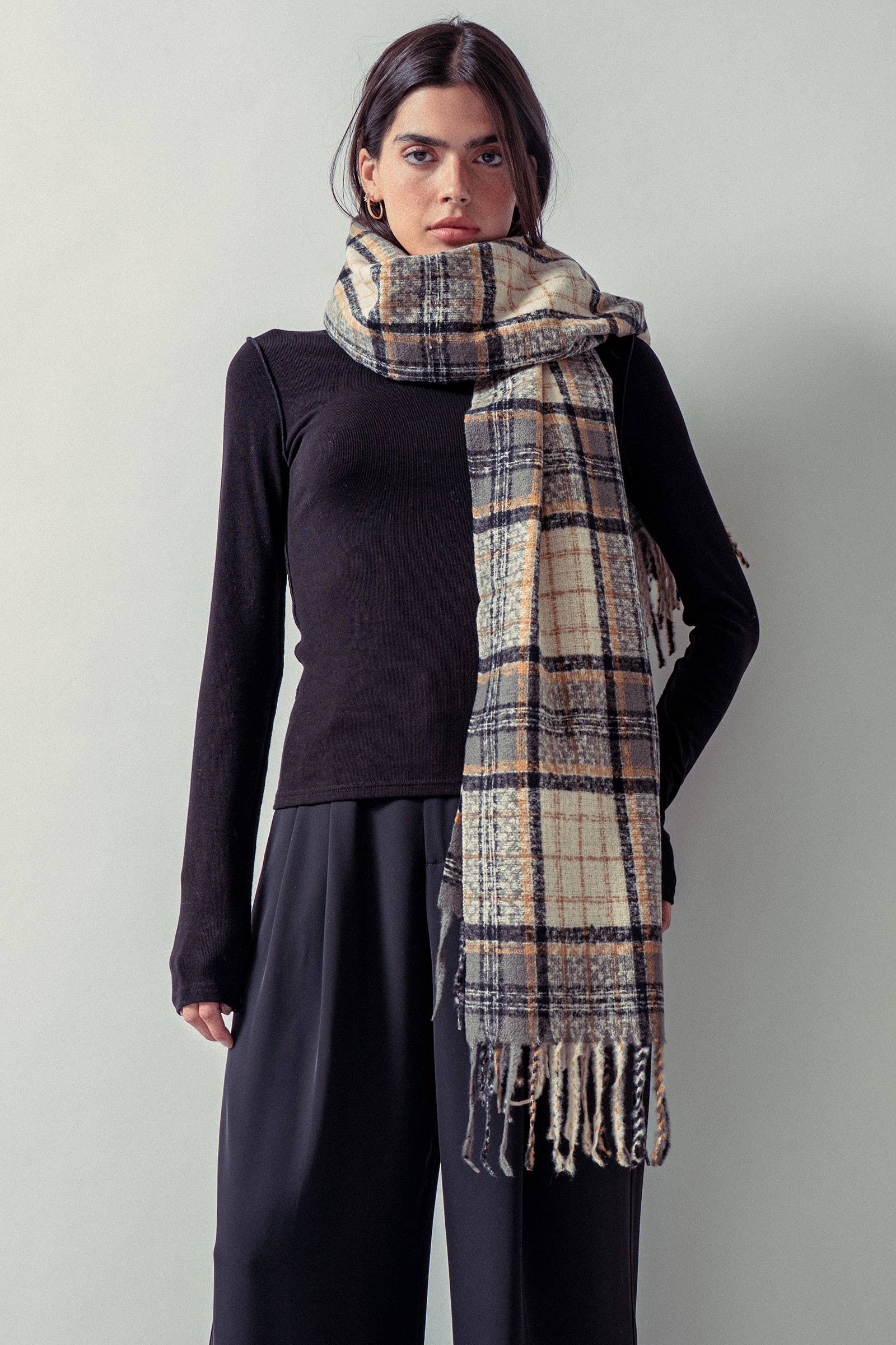 Soft Brushed Classic Plaid Fringe Scarf