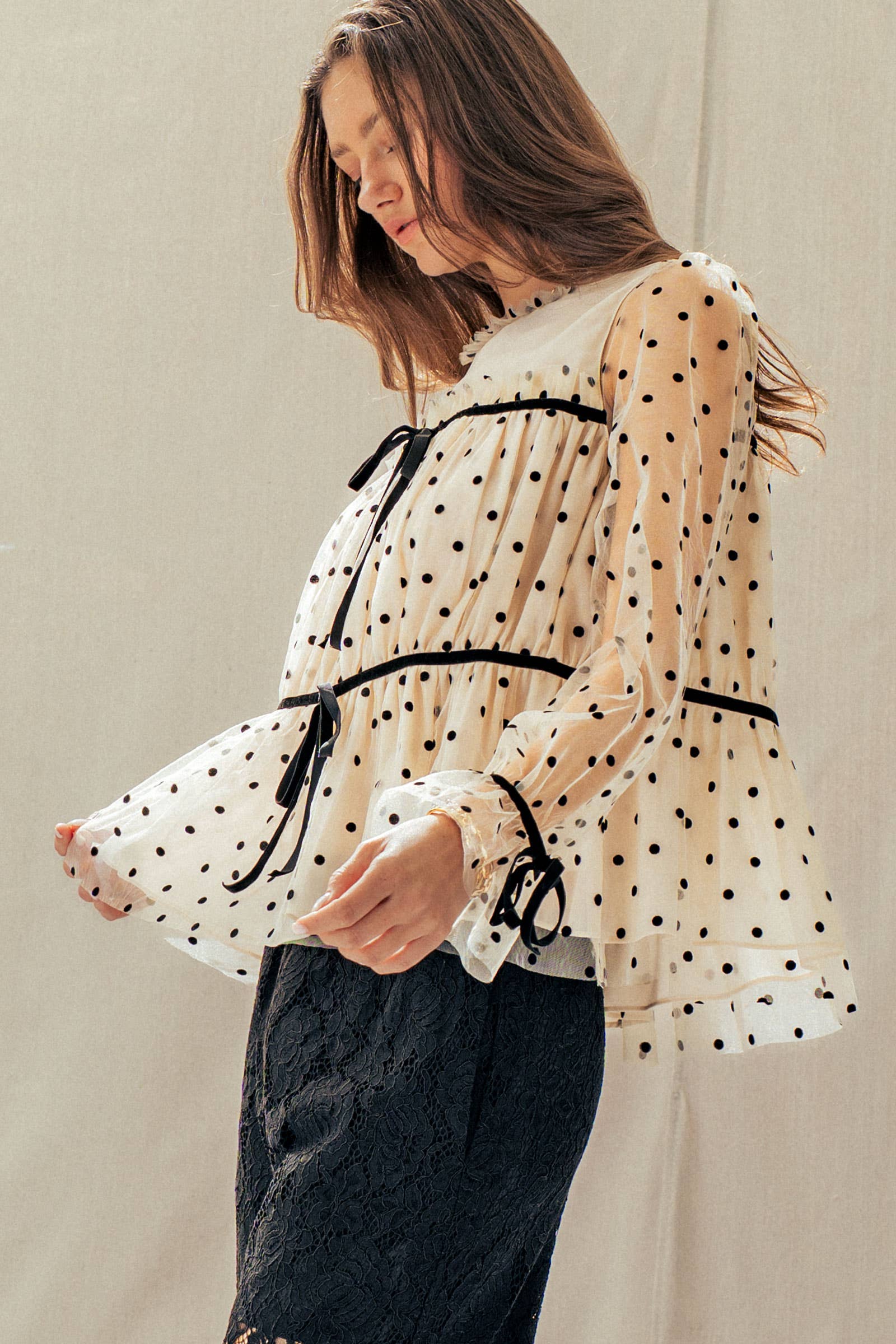 Urban Daizy Polka Dot Mesh Babydoll Top Velvet Bow Tie Ivory-Black Blouse - Women's (UDZ-TP-01052) – alternate view 3