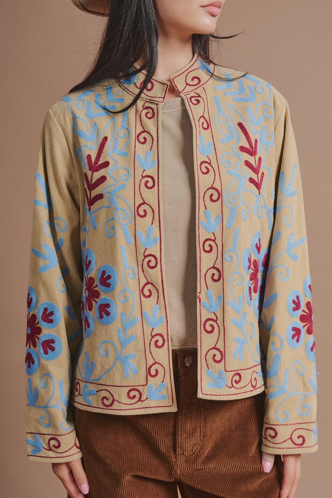 Embroidered Corduroy Jacket with Folk Floral Scroll in KHAKI - Women's Jackets & Blazers | Urban Daizy