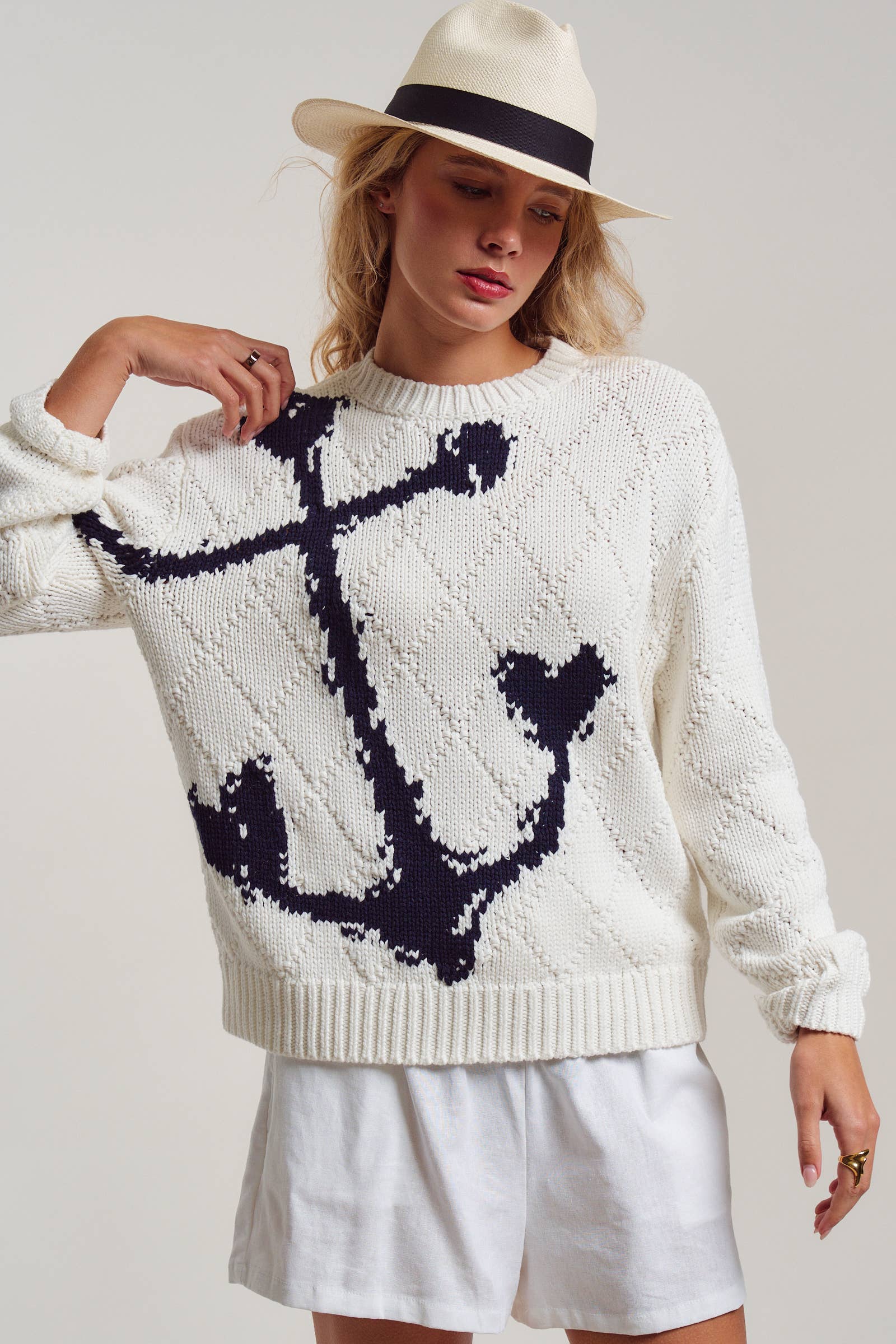 Urban Daizy Nautical Anchor Intarsia Textured Knit Sweater Ivory Knit Sweater - Women's (UDSW0346-Ivory) – alternate view 5