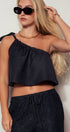 Urban Daizy One Off Shoulder Tie Linen Crop Top Black Blouse - Women's (UDZ-TP-00500)