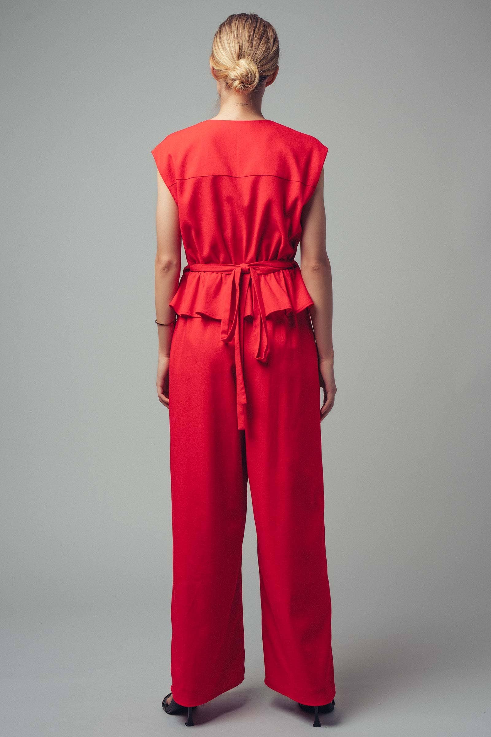 Tie-Waist Sleeveless Wide-Leg Linen Blend Jumpsuit