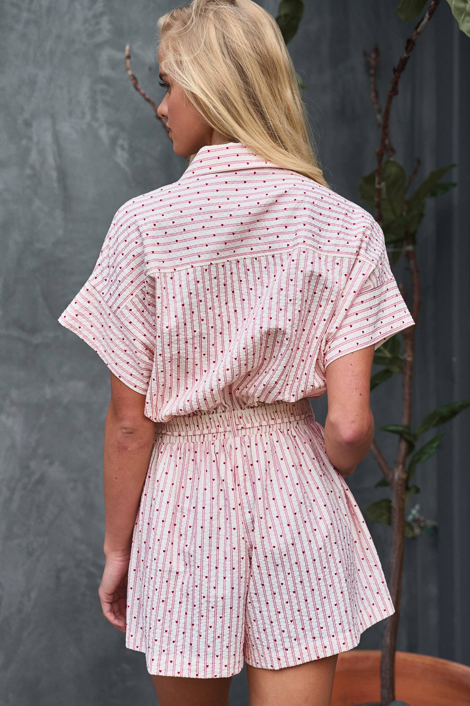 Urban Daizy Heart Stripe Collared Drawstring Romper Ivory-Pink Romper - Women's (UDZ-JR-00070) – alternate view 6