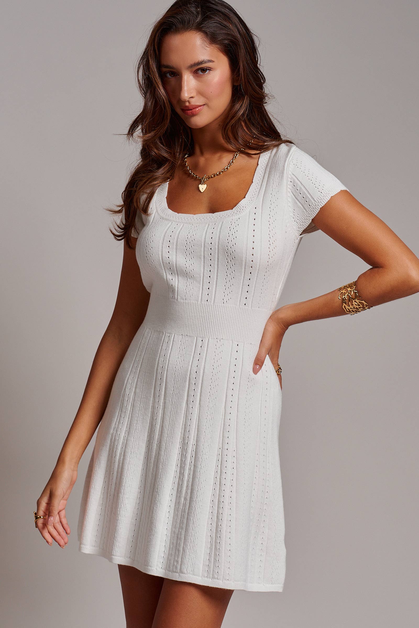 Pointelle Knit Square Neck Mini Dress