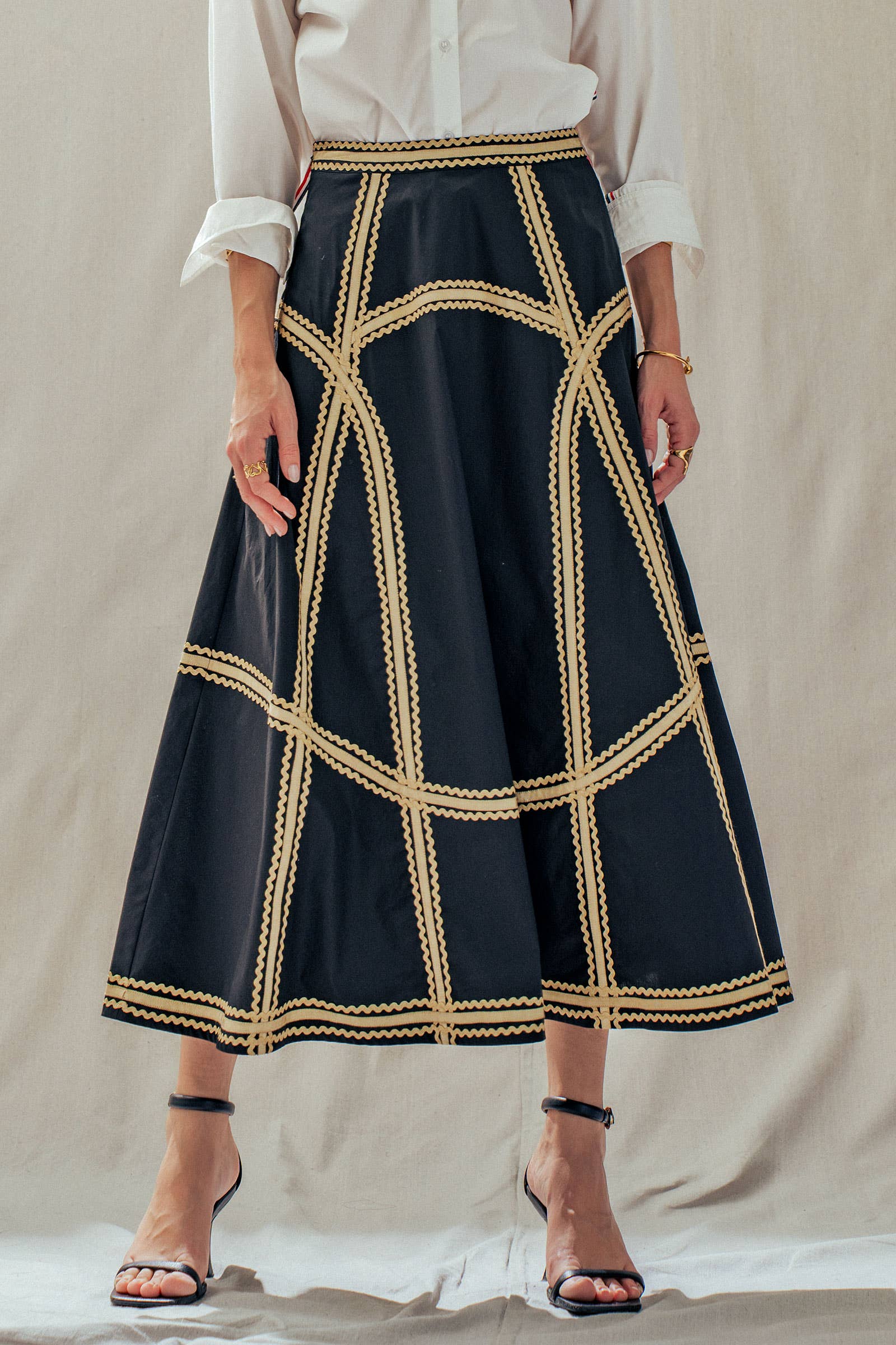Contrast Rickrack Trim Cotton A-Line Midi Skirt