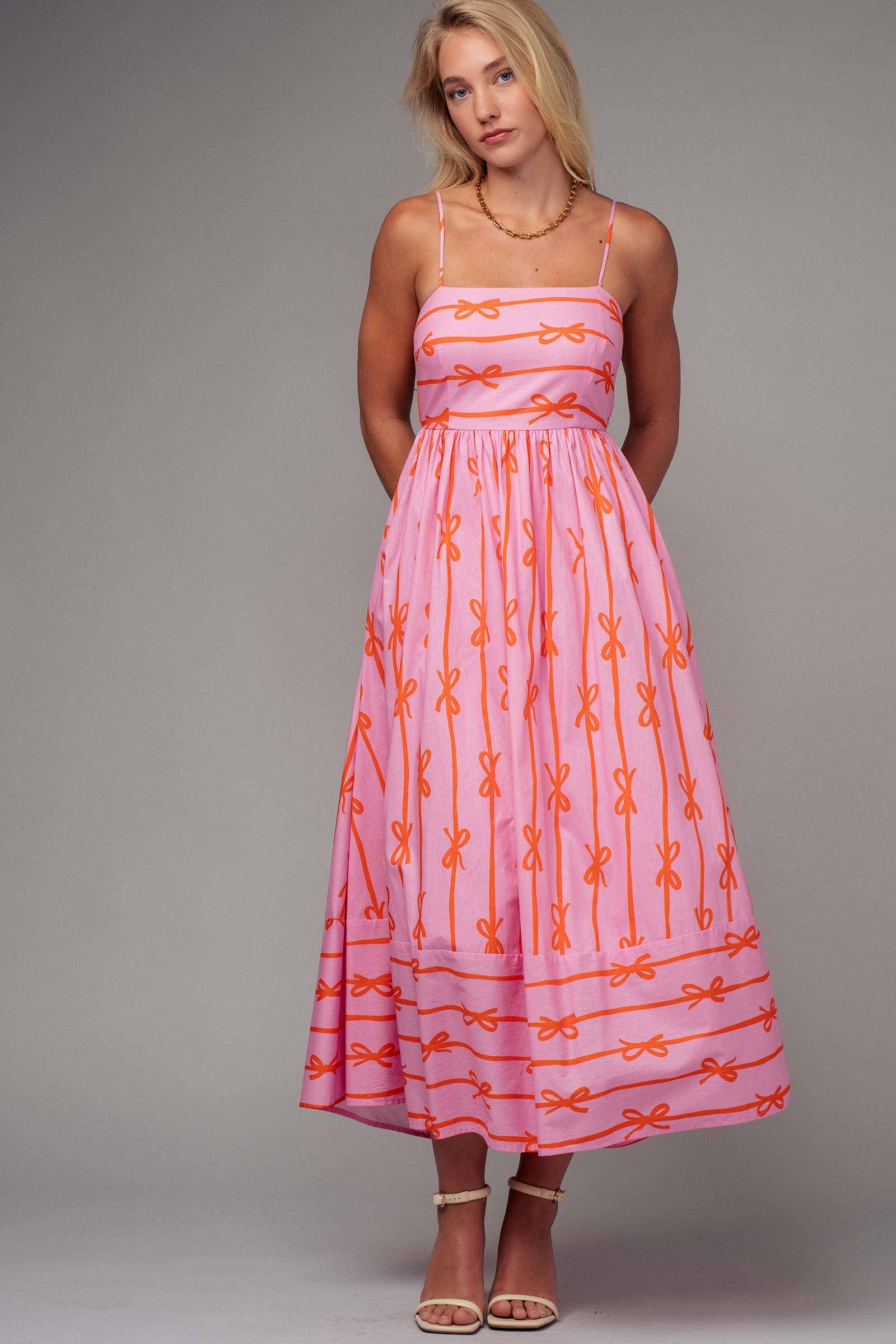 Sweet Ribbon Stripe Bow Print Smocked Back Maxi Dress