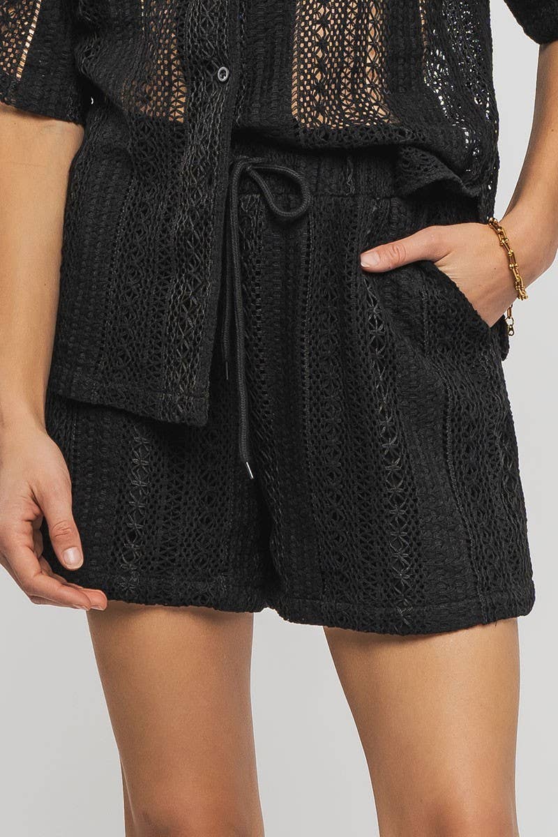 Urban Daizy Bohemian Crochet Knit Drawstring Elastic Waist Pocket Shorts Black Shorts - Women's (UDZ-PT-00084)
