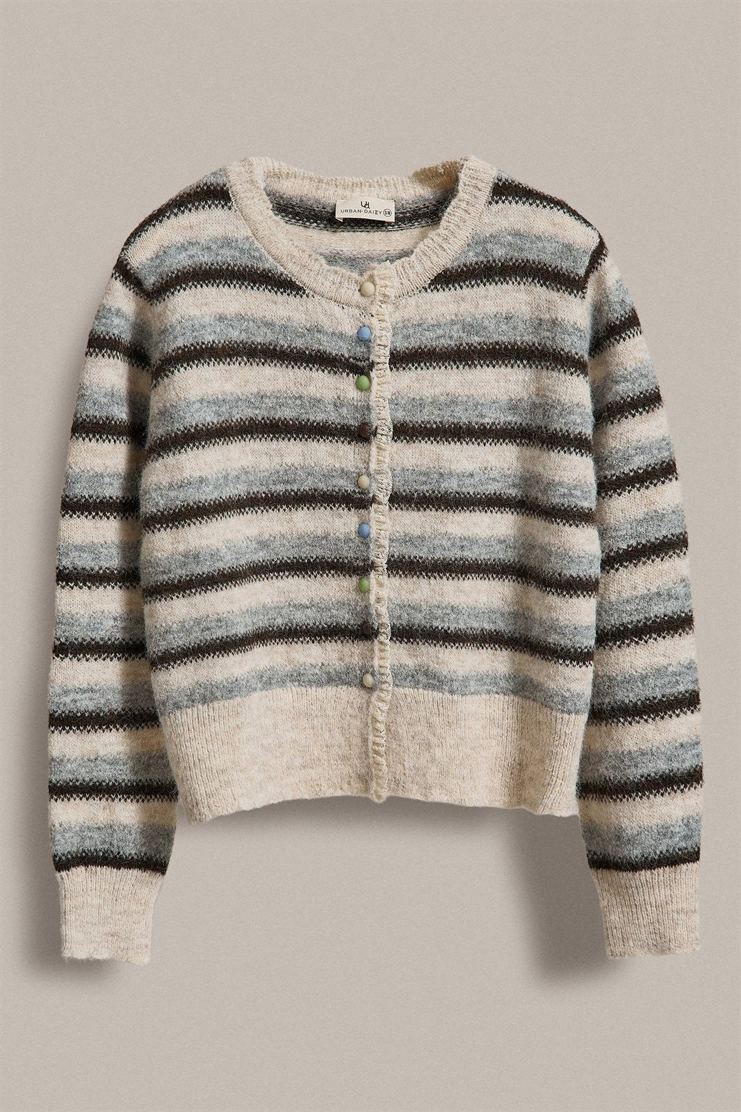 Lace Trim Striped Cardigan Coastal Grandma Preppy for Women in IVORY BROWN - Women's Cardigans & Shrugs | Urban Daizy