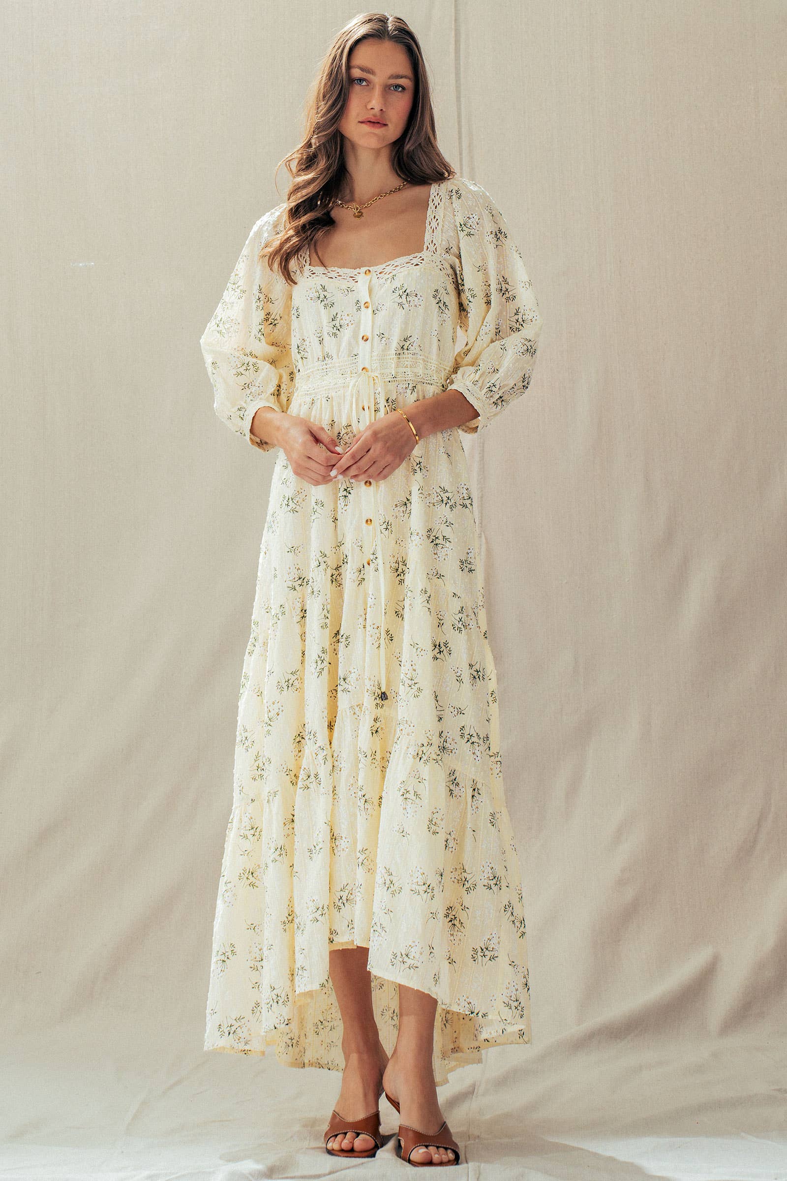 Floral Print Crochet Trim Balloon Sleeve Maxi Dress