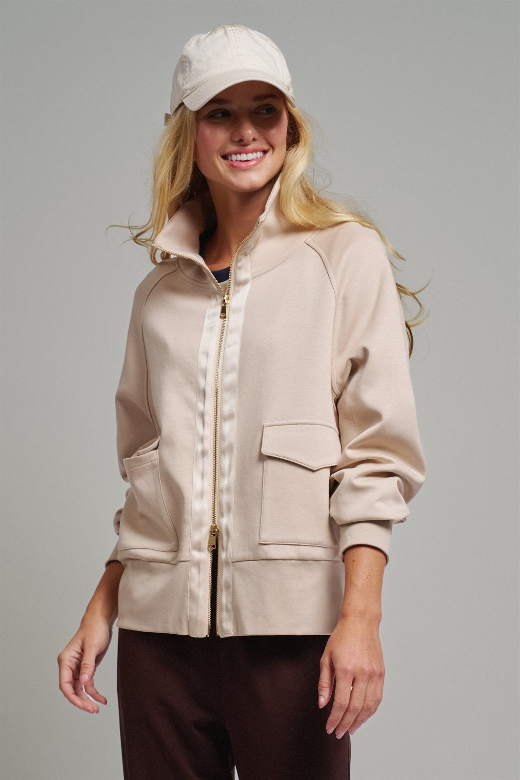 Scuba Zip Up Track Bomber Jacket Pilates Athflow for Women in SAND - Women's Jackets & Blazers | Urban Daizy