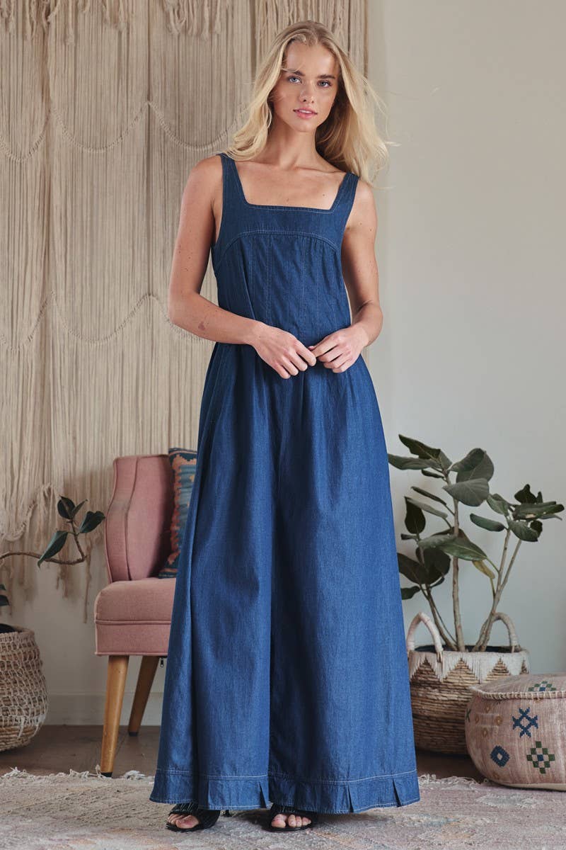 Smocked Back Denim Maxi Dress