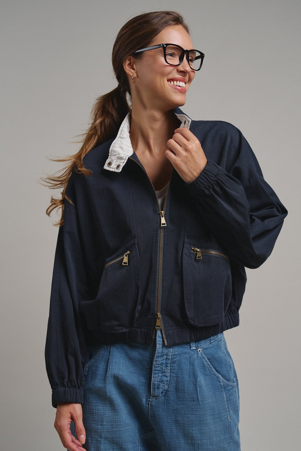 Cropped Zip Bomber Jacket in NAVY - Women's Jackets & Blazers | Urban Daizy
