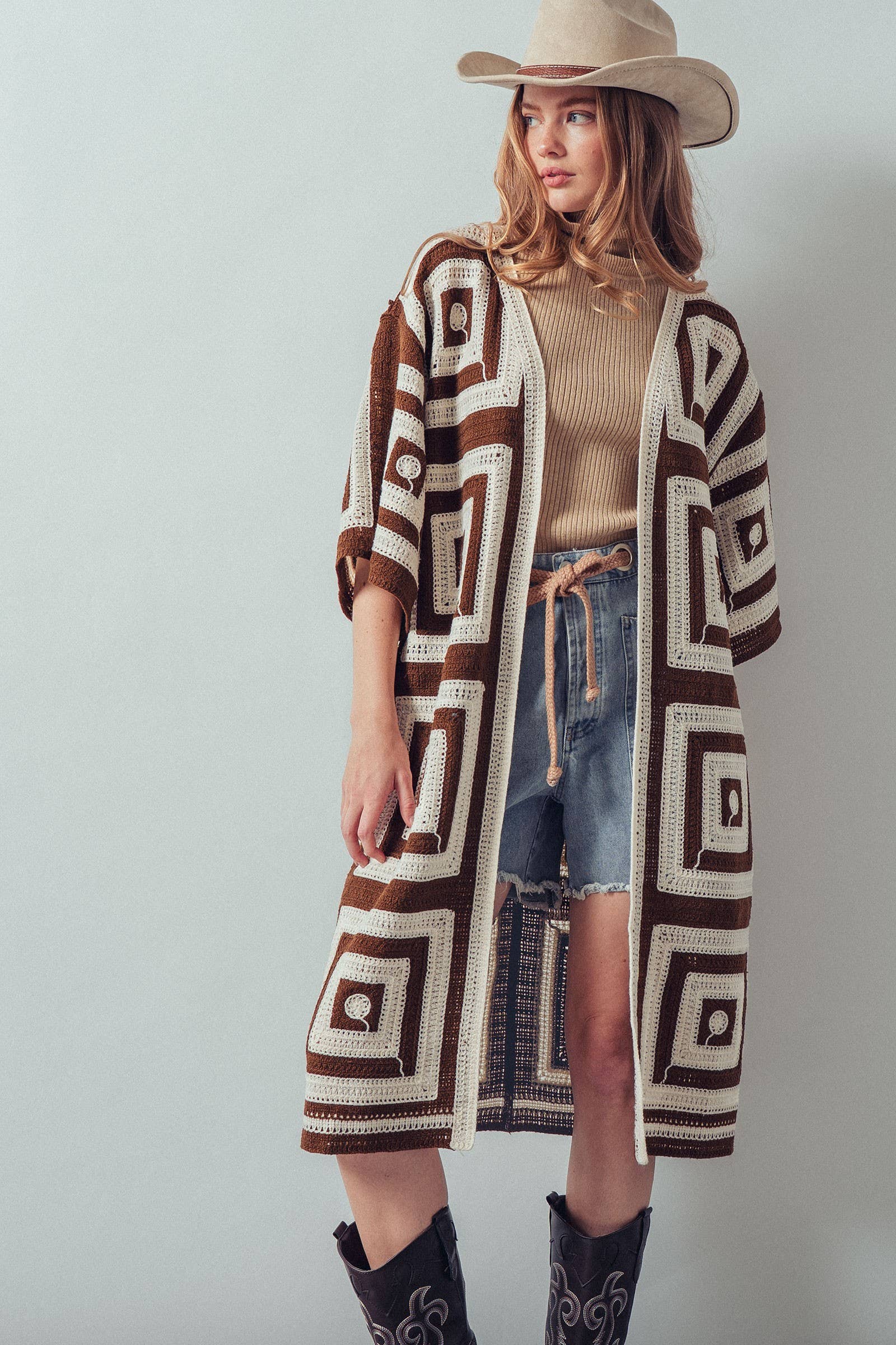 Geometric Granny Square Crochet Open Front Cardigan