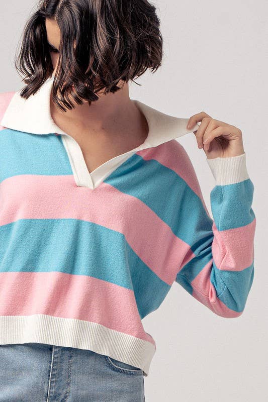 Preppy Striped Contrast Collar Cropped Rugby Long Sleeve Top