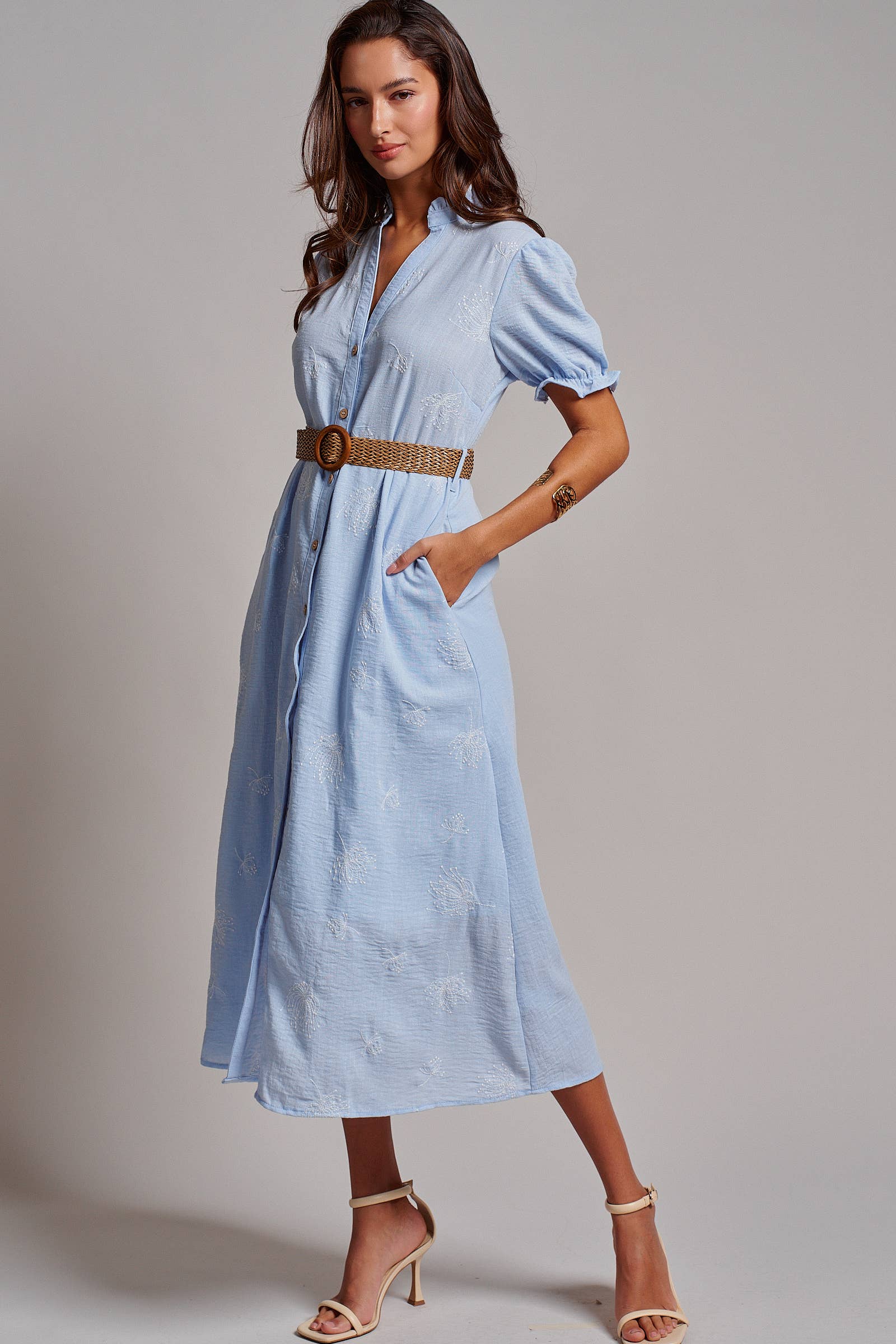 Embroidered Linen Blend Button Front Midi Dress