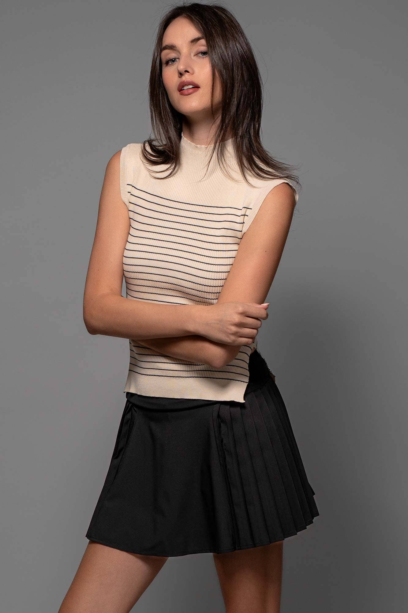 Urban Daizy Striped Ribbed Mock Neck Sleeveless Top Lt-Khaki Knit Top - Women's (UDZ-PT-00352) – alternate view 17
