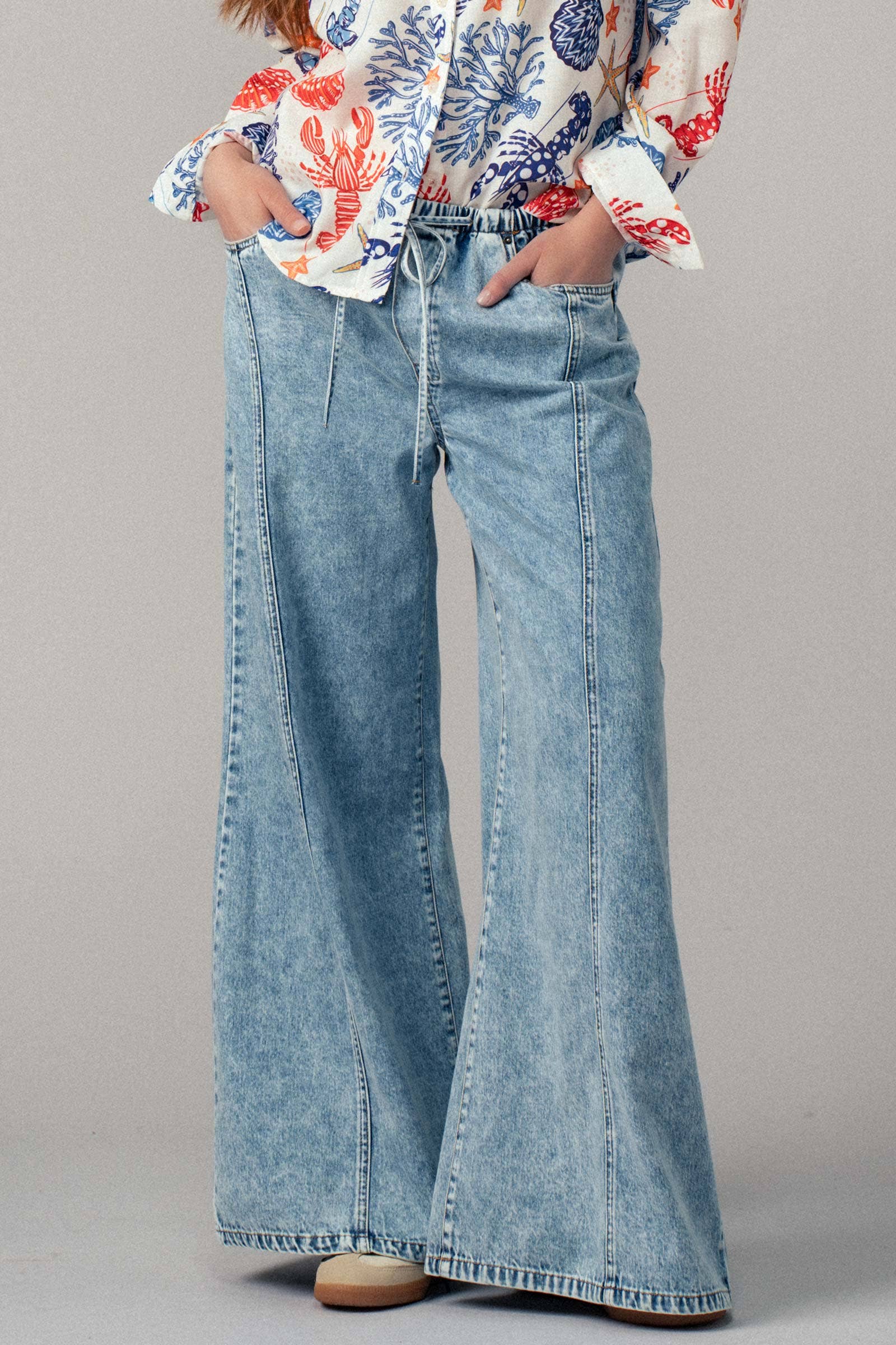 Relaxed Wide Leg Drawstring Western Pants