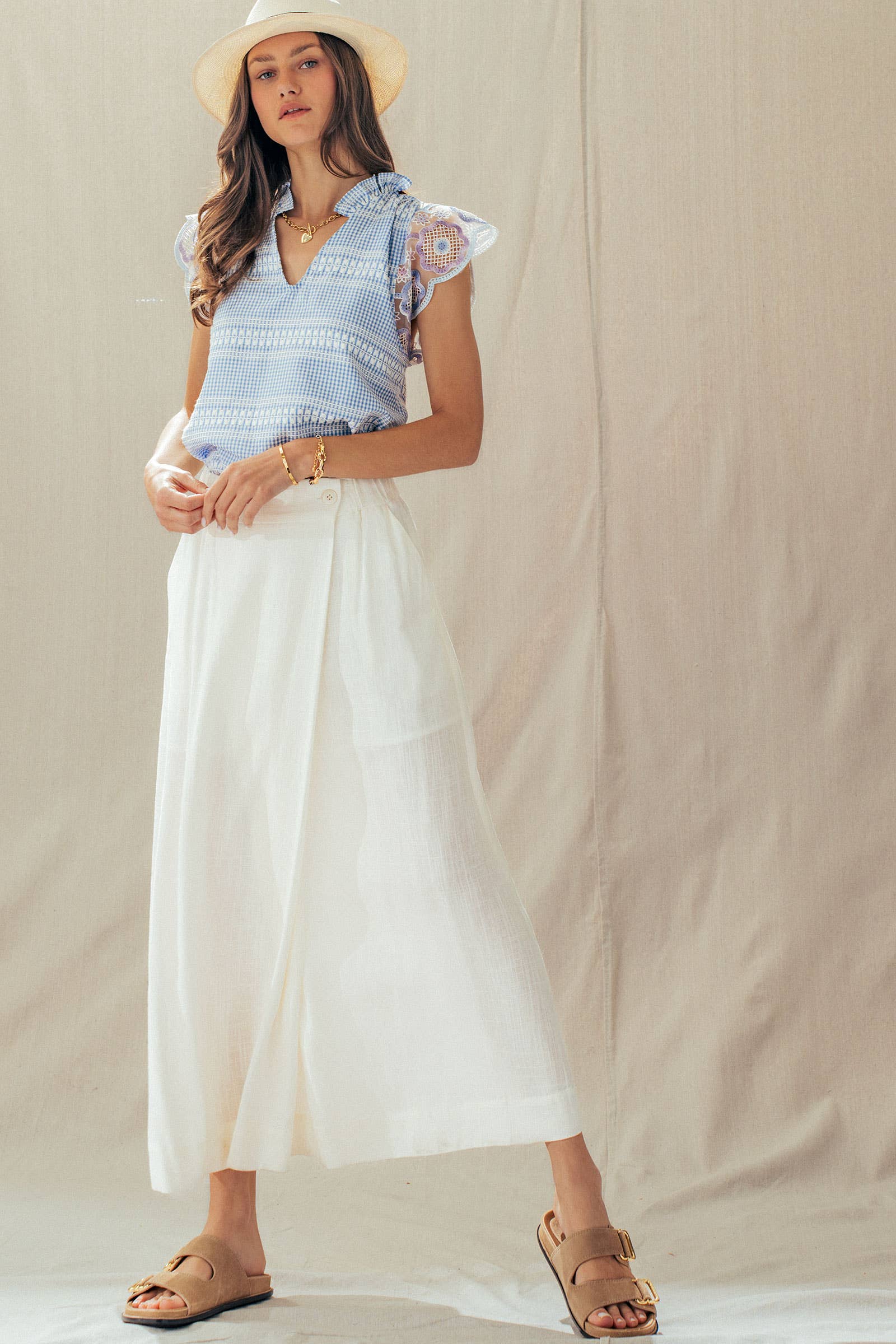 Gingham Lace Flutter Sleeve Cotton Top