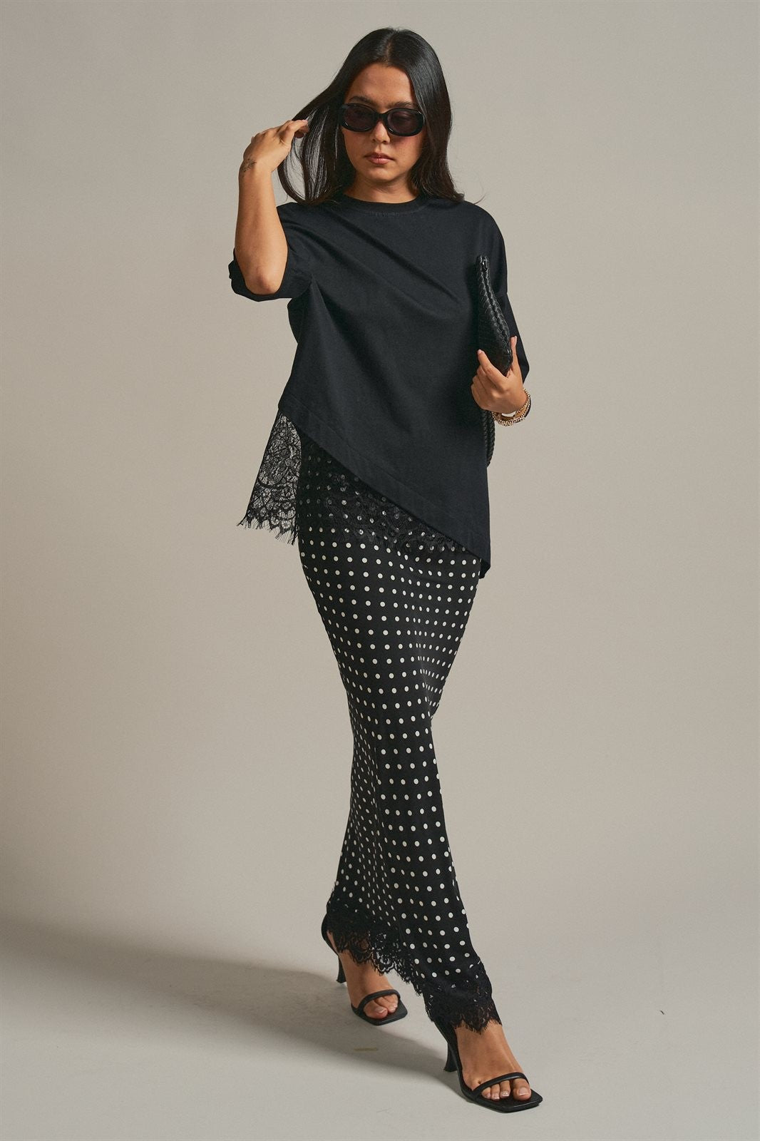 Oversized Cotton Tee with Asymmetric Lace Hem in BLACK - Women's T-Shirts & Polos | Urban Daizy