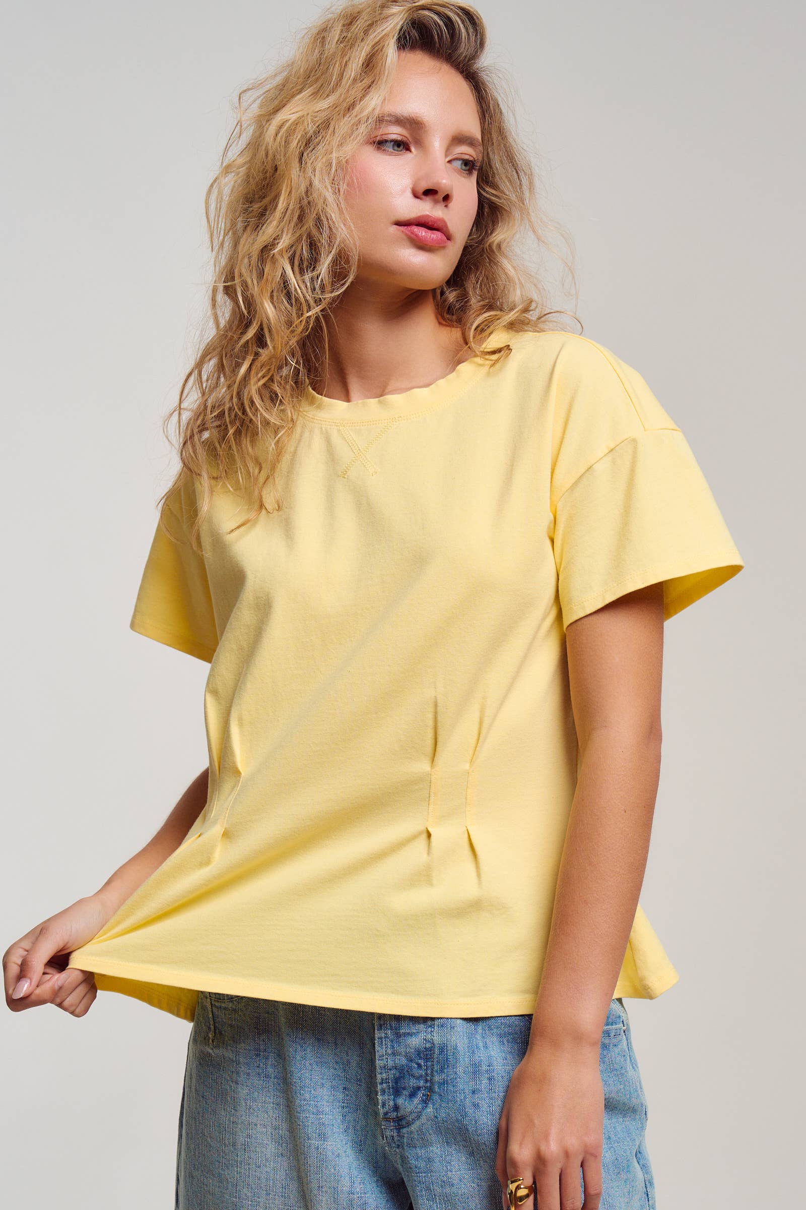 Urban Daizy Pleated Waist Cotton Spandex Everyday Tee Butter-Yellow T-Shirt - Women's (UDTP1324-Butter-Yellow) – alternate view 12