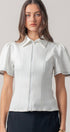 Urban Daizy Contrast Stitch Zip Front Knit Top Puff Sleeve Ivory Blouse - Women's (UDZ-TP-01058)