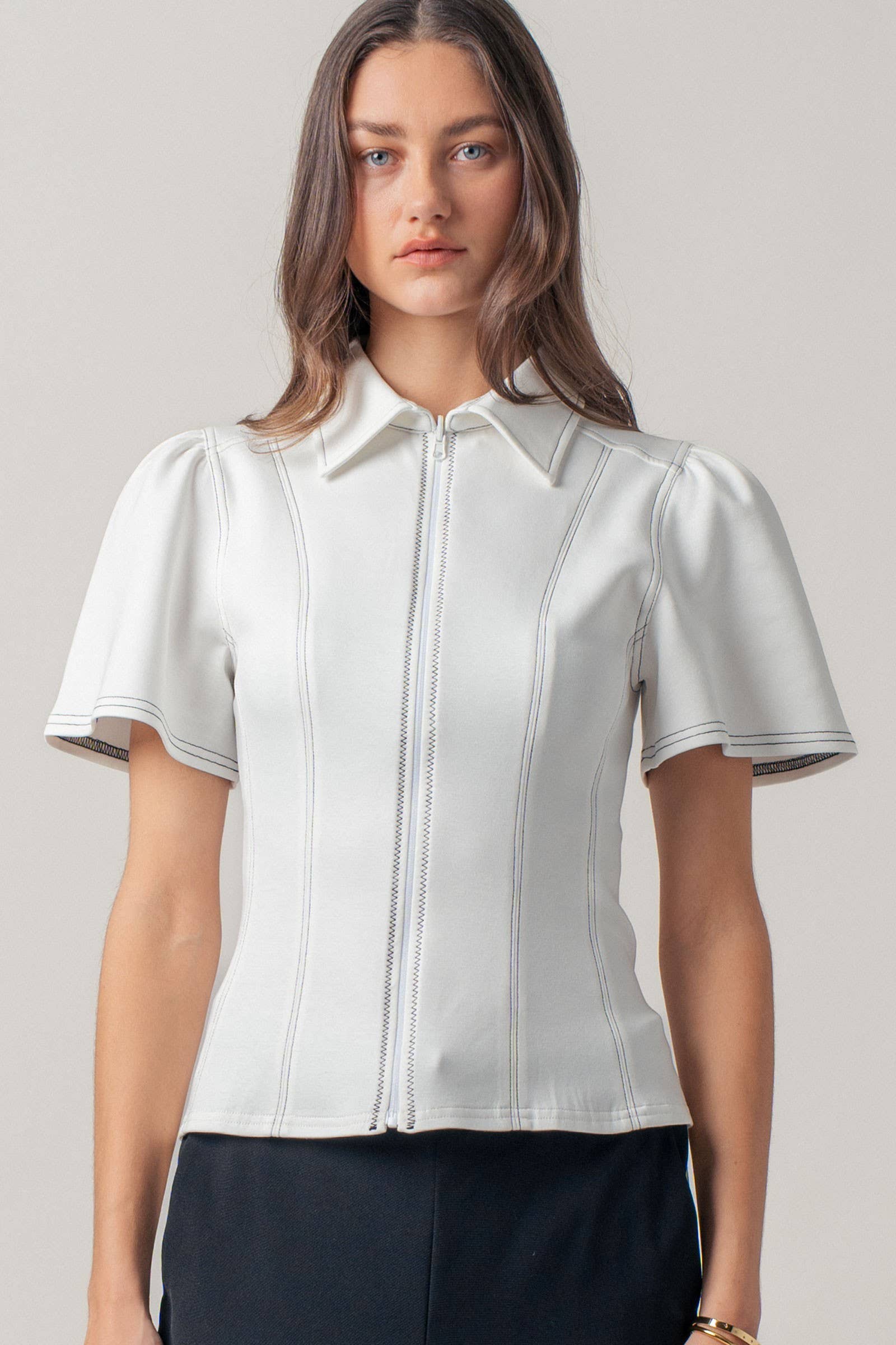 Urban Daizy Contrast Stitch Zip Front Knit Top Puff Sleeve Ivory Blouse - Women's (UDZ-TP-01058)