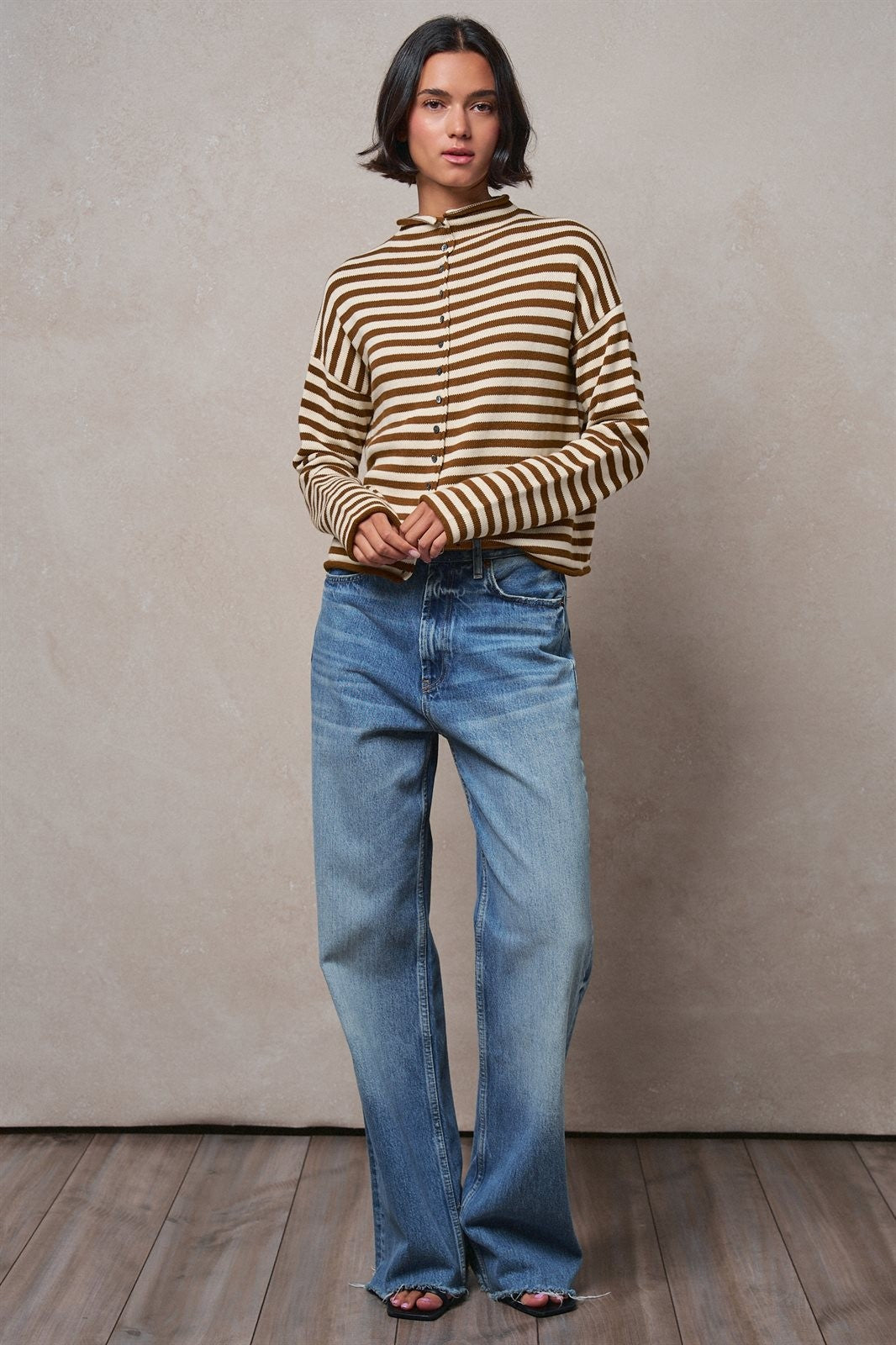 Striped Polo Collar Button Sweater with Rolled Edges in IVORY BROWN - Women's Cardigans & Shrugs | Urban Daizy