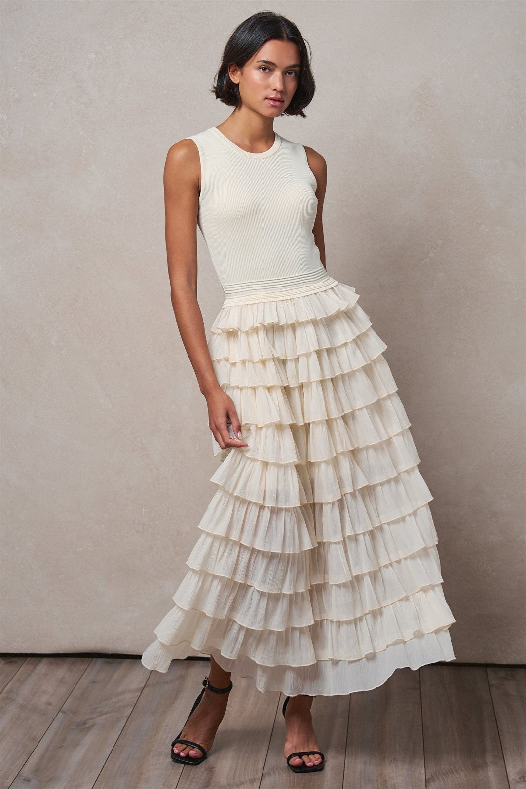 Tiered Ruffle Maxi Dress with Contrast Trim in IVORY - Women's Cocktail Dresses | Urban Daizy