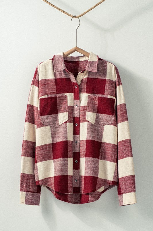 Buffalo Plaid Flannel Shirt Button Up Western Boho Top in BURGUNDY - Women's Shirts & Blouses | Urban Daizy