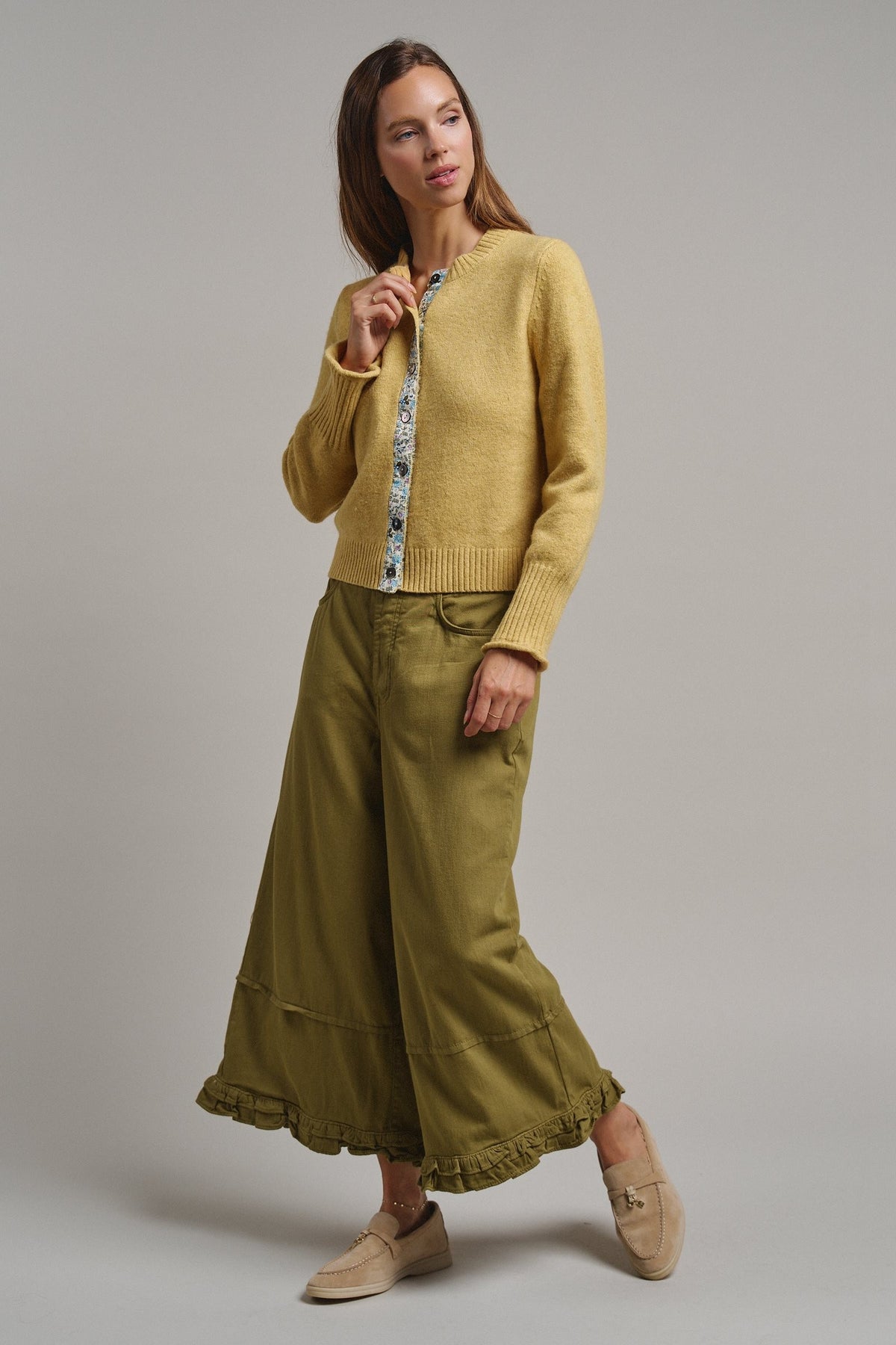 Floral Contrast Wool Blend Crew Neck Cardigan in HONEY GOLD - Women's Cardigans & Shrugs | Urban Daizy