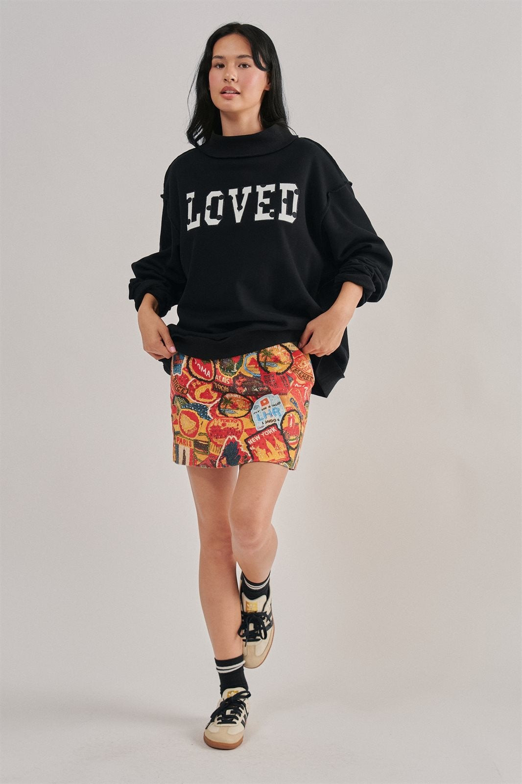 LOVED Varsity Patch Mock Neck Sweatshirt with Exposed Seams in BLACK - Women's Sweatshirts & Hoodies | Urban Daizy