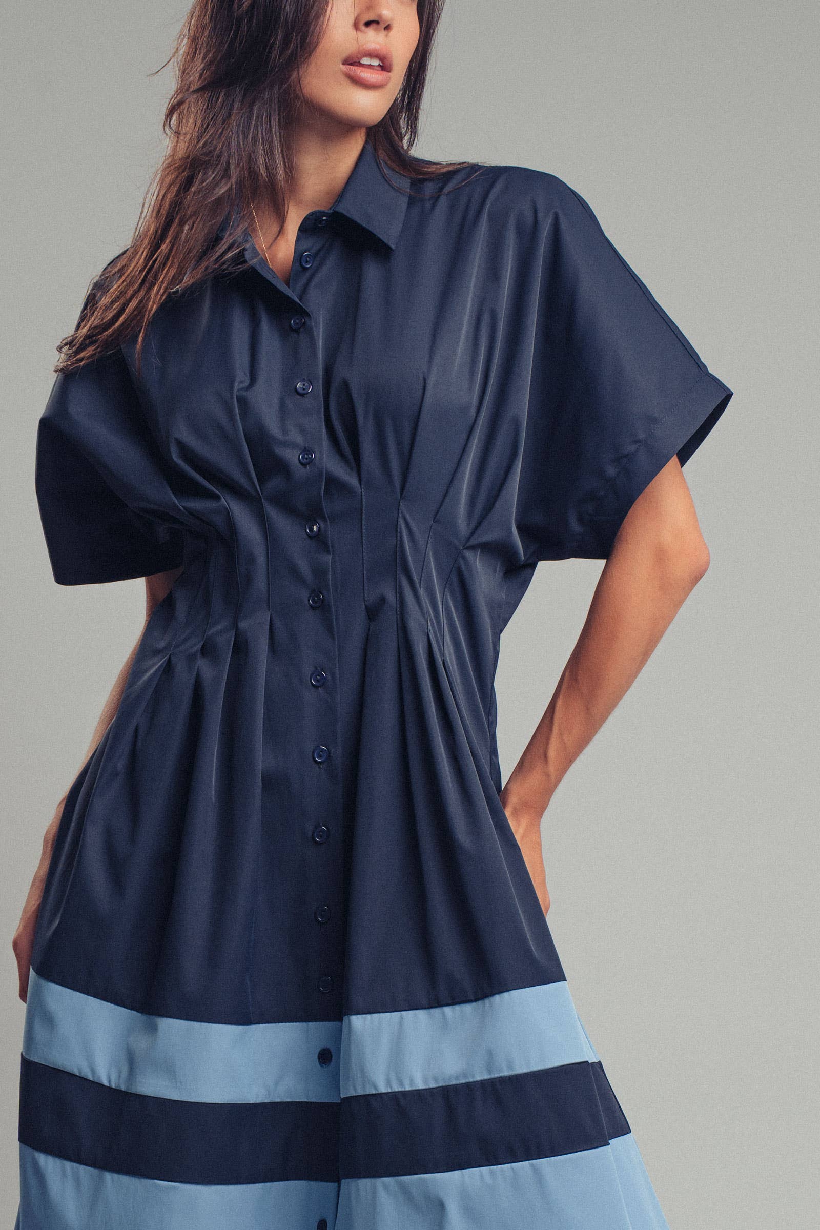 Colorblock Button-Up Cotton Midi Dress