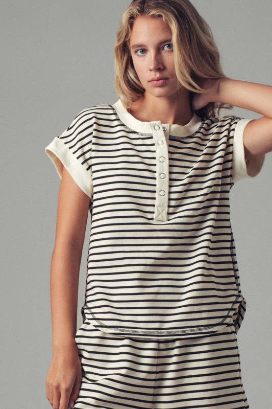 Striped Henley Button-Up Western Top