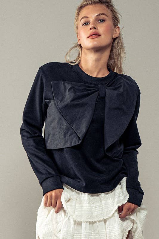 Urban Daizy Coquette Bow Statement Long Sleeve Crew Neck Top Black Blouse - Women's (UDZ-TP-00704)