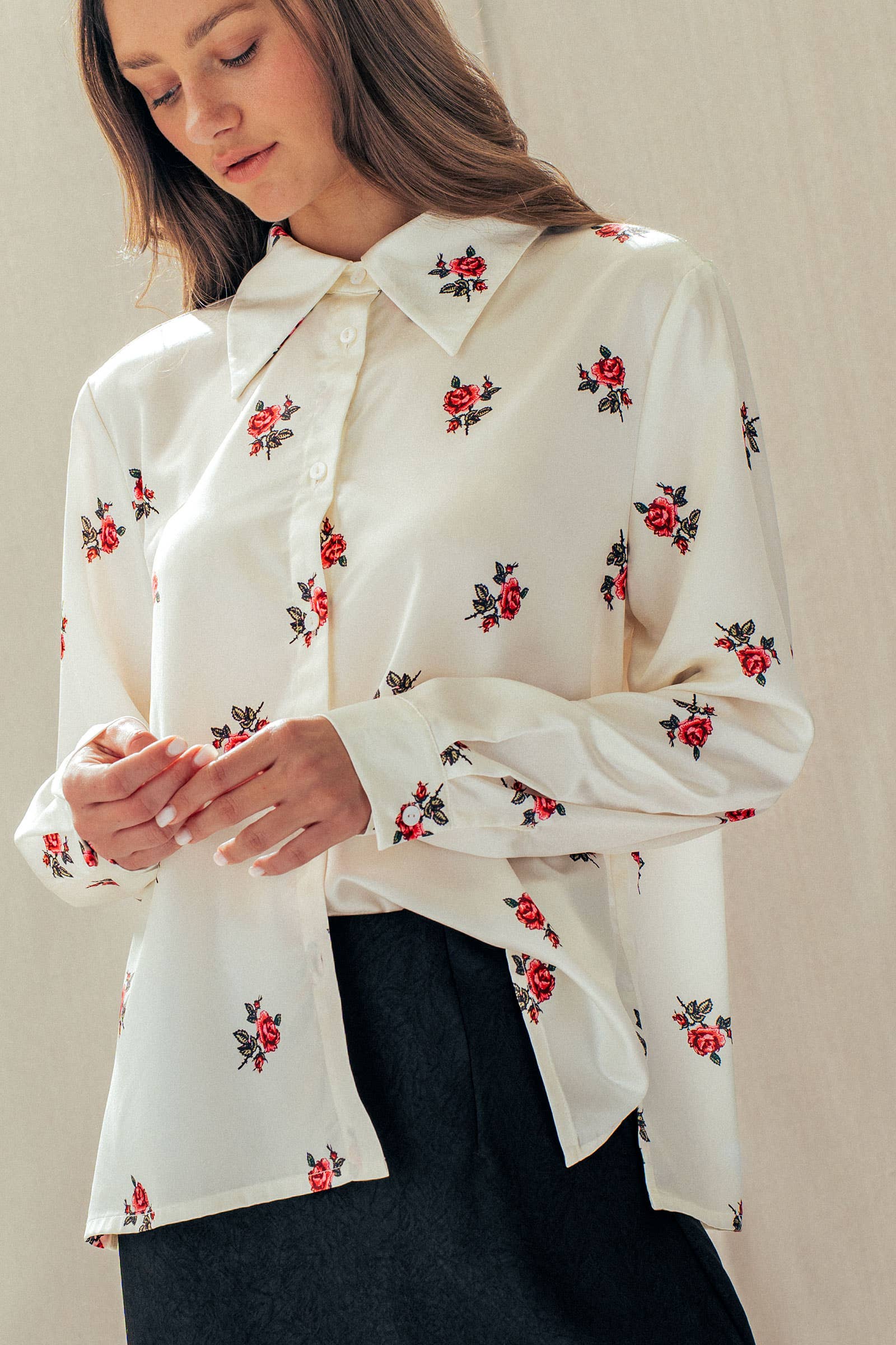 Rose Print Satin Button-Up Blouse