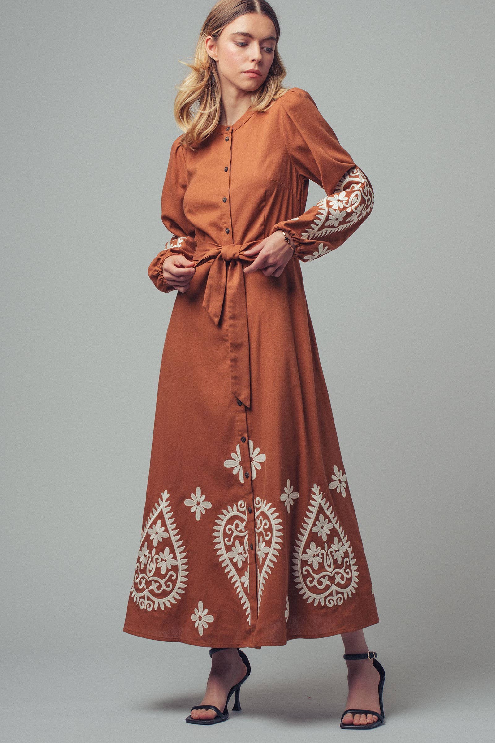 Urban Daizy Paisley Embroidered Belted Maxi Dress Camel Dress - Women's (UDZ-DR-00509) – alternate view 18