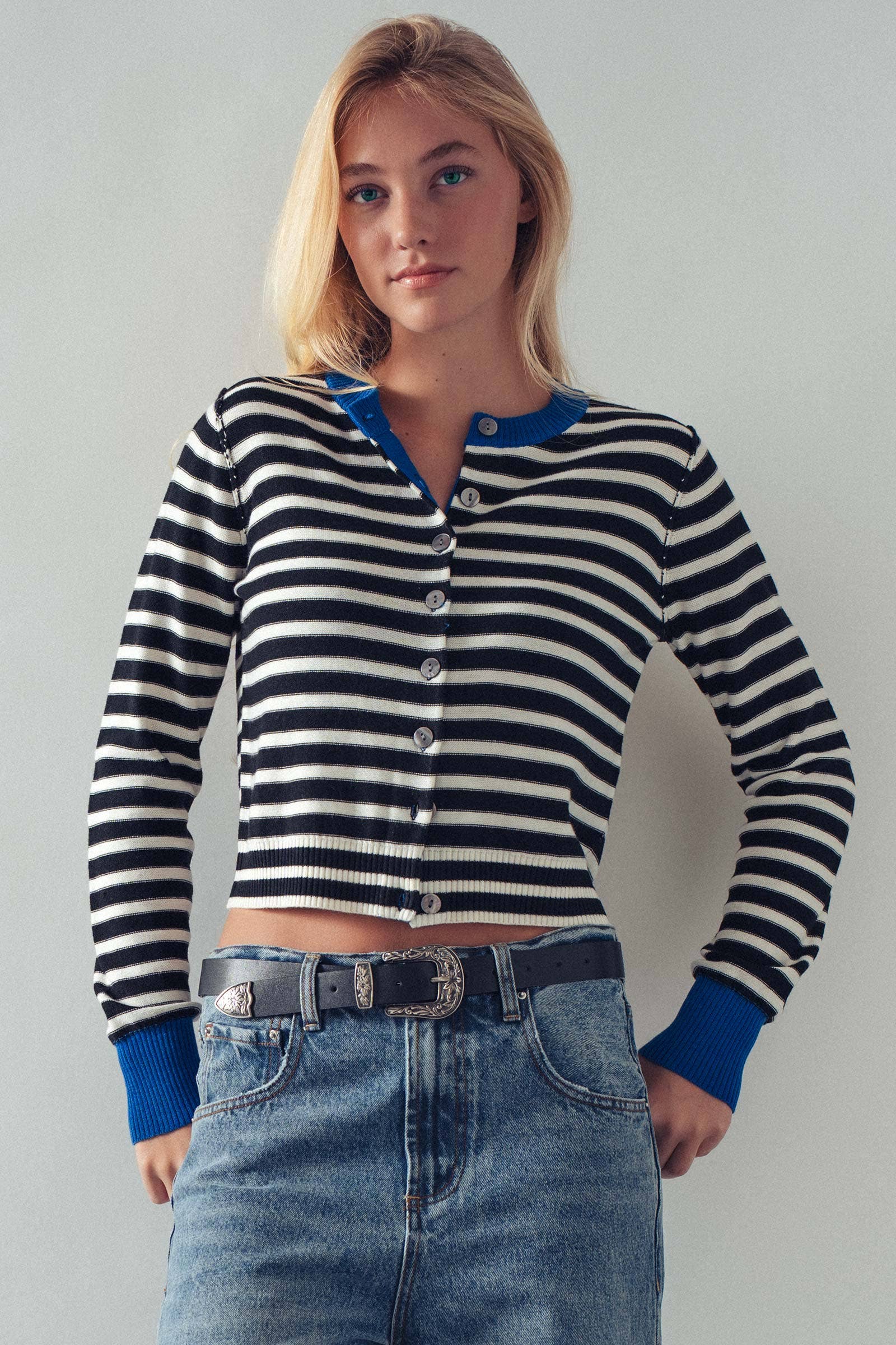 Striped Knit Cropped Button-Up Cardigan