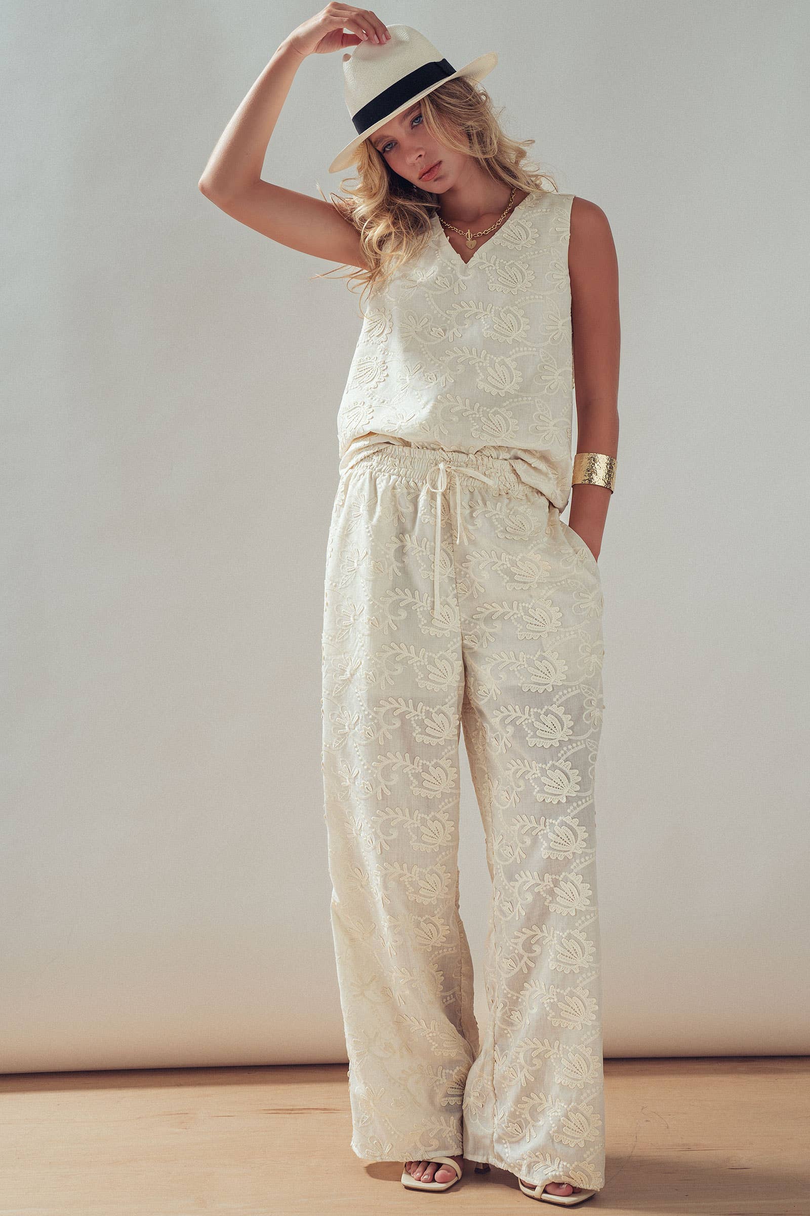 Floral Embroidered Cotton Top And Pant Set