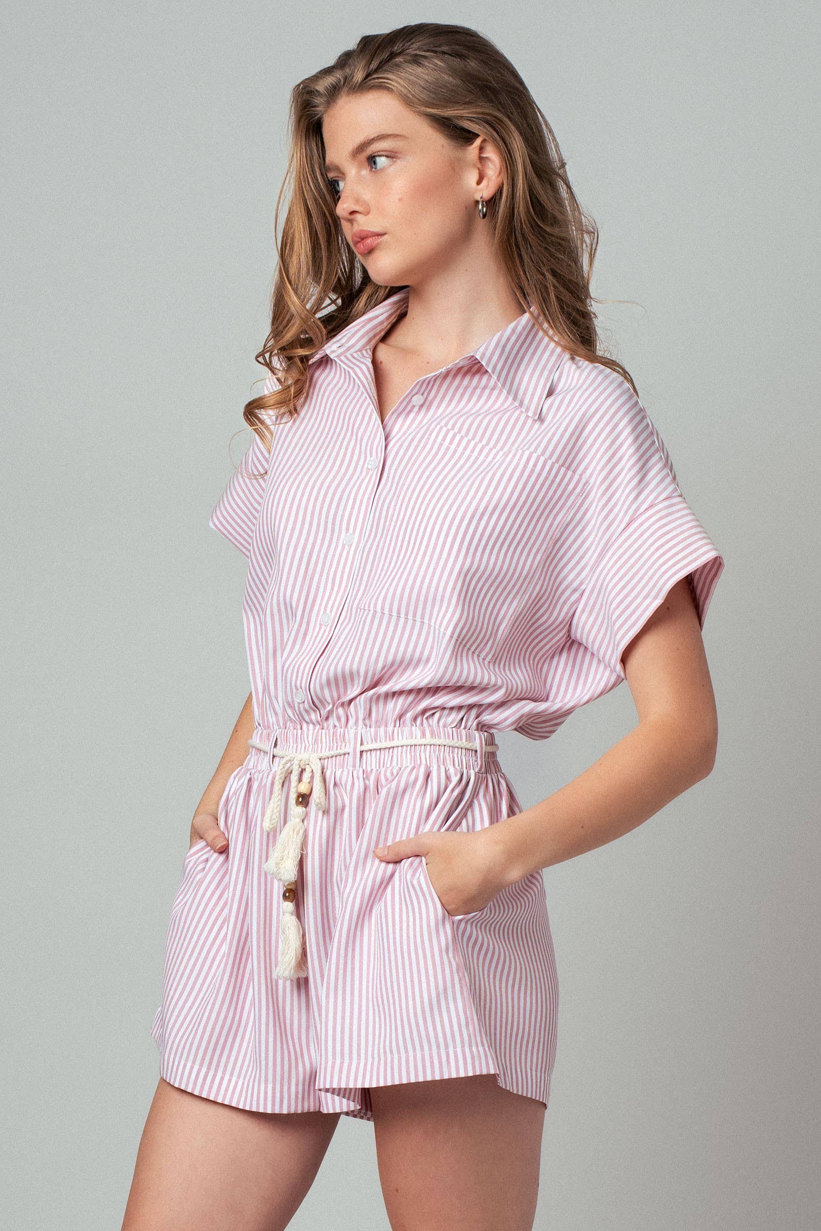 Urban Daizy Striped Tassel-Belt Collared Romper Pink Romper - Women's (UDZ-JR-00069) – alternate view 10