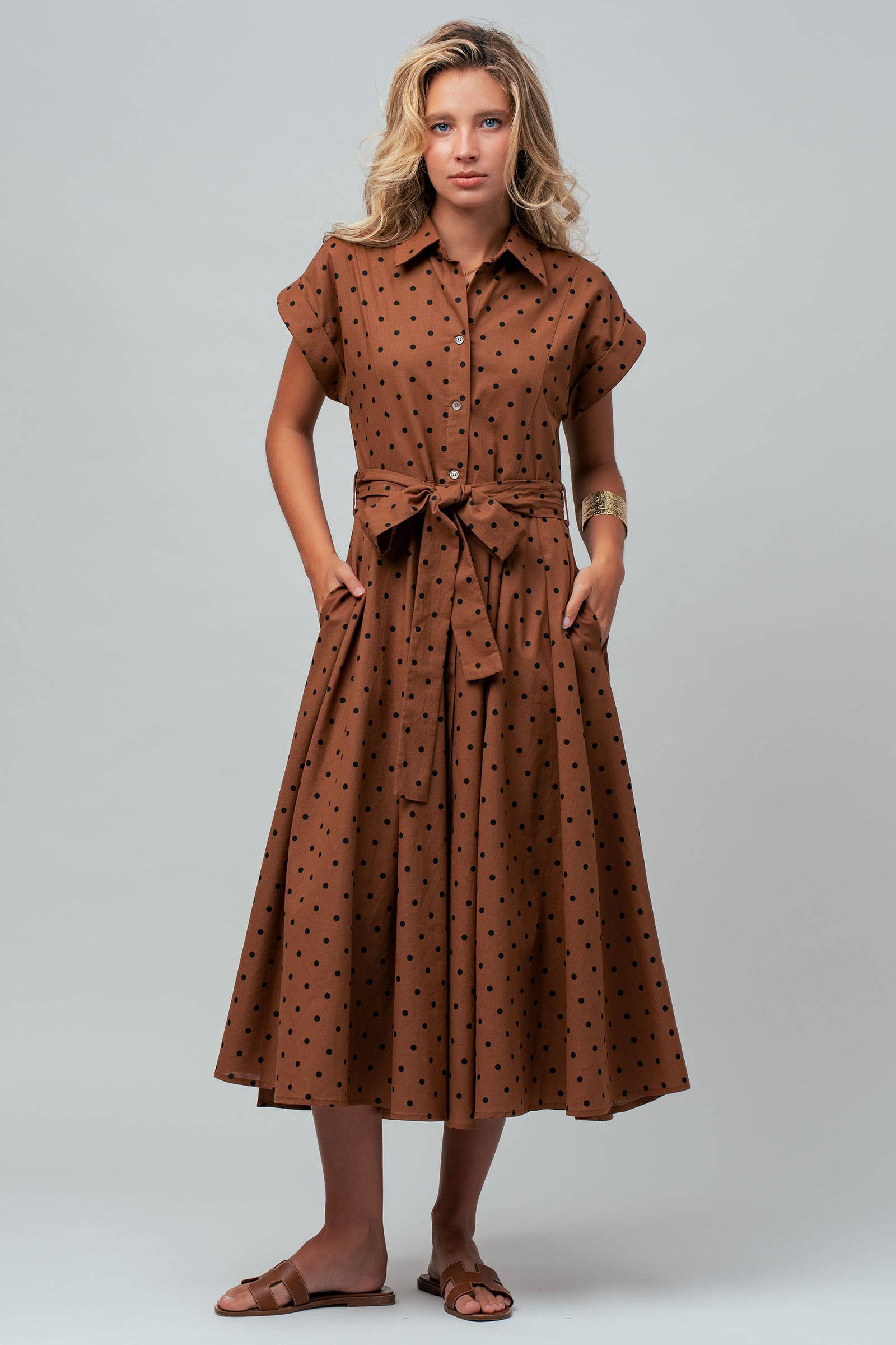 Polka Dot Cotton Belted Midi Shirt Dress