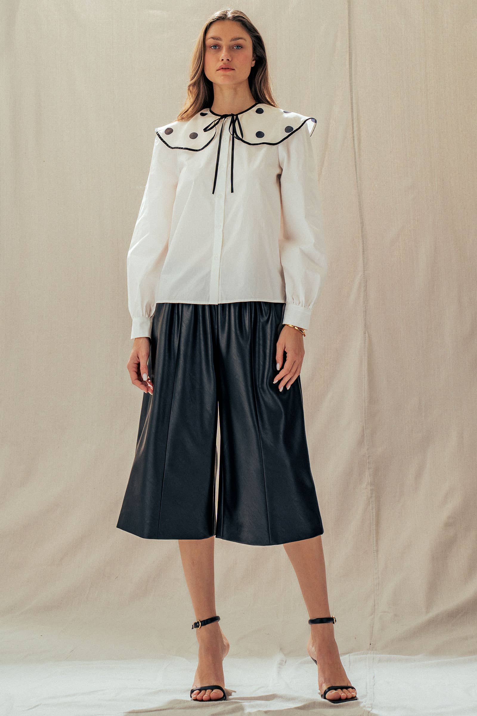 Urban Daizy Polka Dot Statement Collar Tie-Neck Shirt Cream Button Down Shirt - Women's (UDZ-TP-01066) – alternate view 7