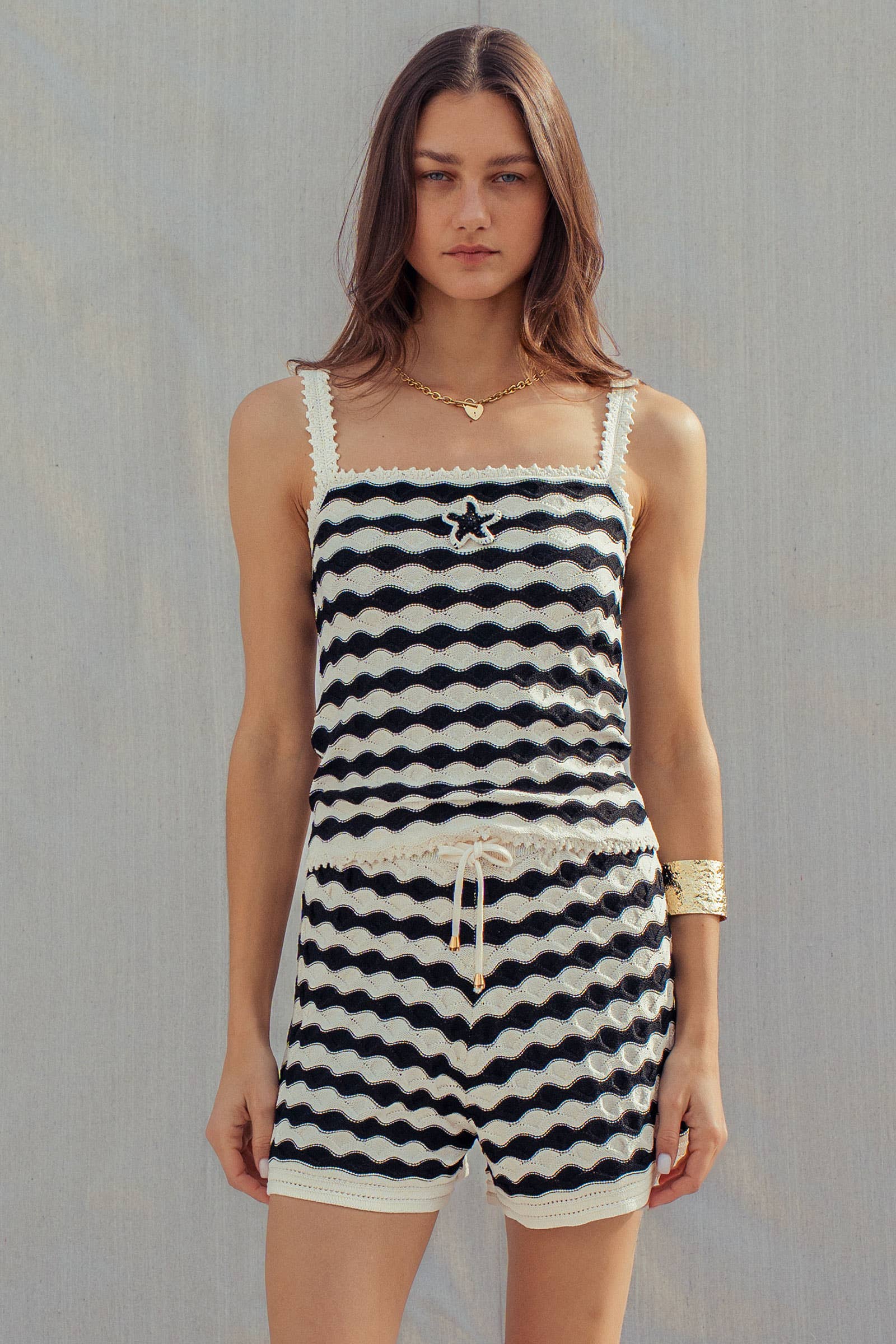 Urban Daizy Wavy Stripe Knit Two-Piece Set Star Detail Ivory-Black Lounge Set - Women's (UDZ-AC-00236)