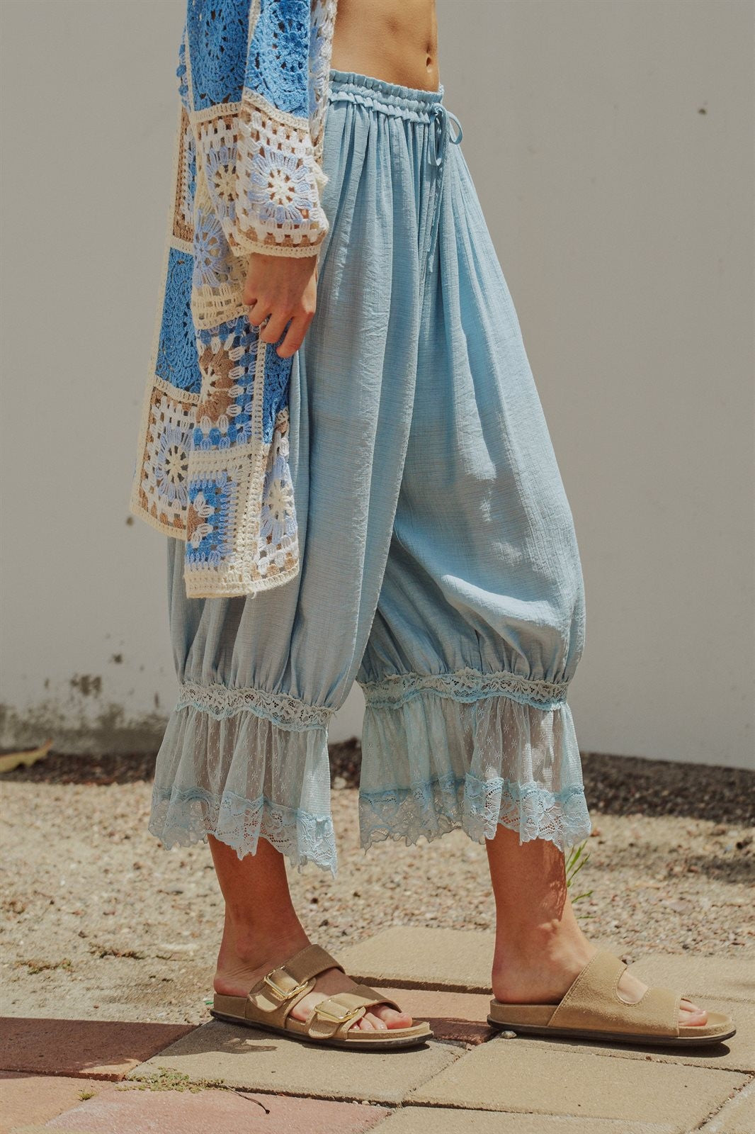 Boho Lace Trim Summer Linen Pants in BLUE - Women's Pants | Urban Daizy
